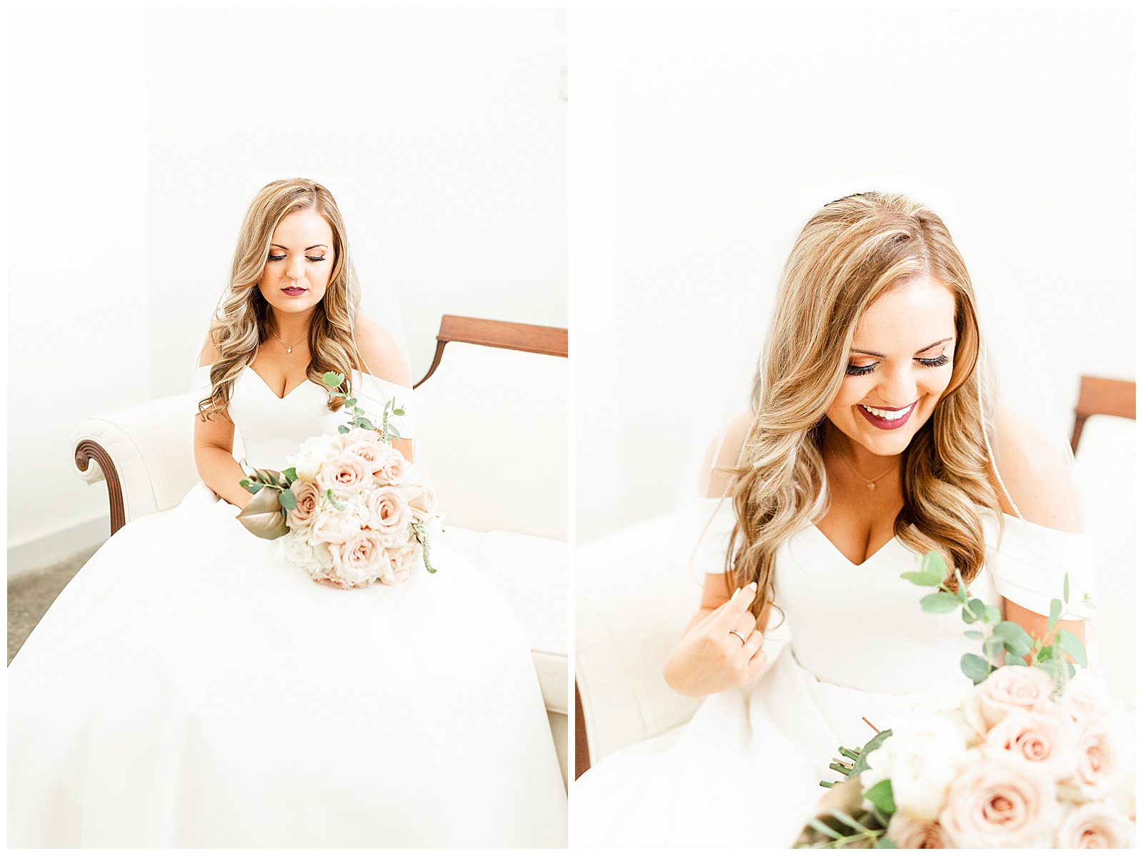 Elegant Off Shoulder Wedding Dress on Stunning Bride from Summer Wedding in Charlotte, NC | check out the full wedding at KevynDixonPhoto.com