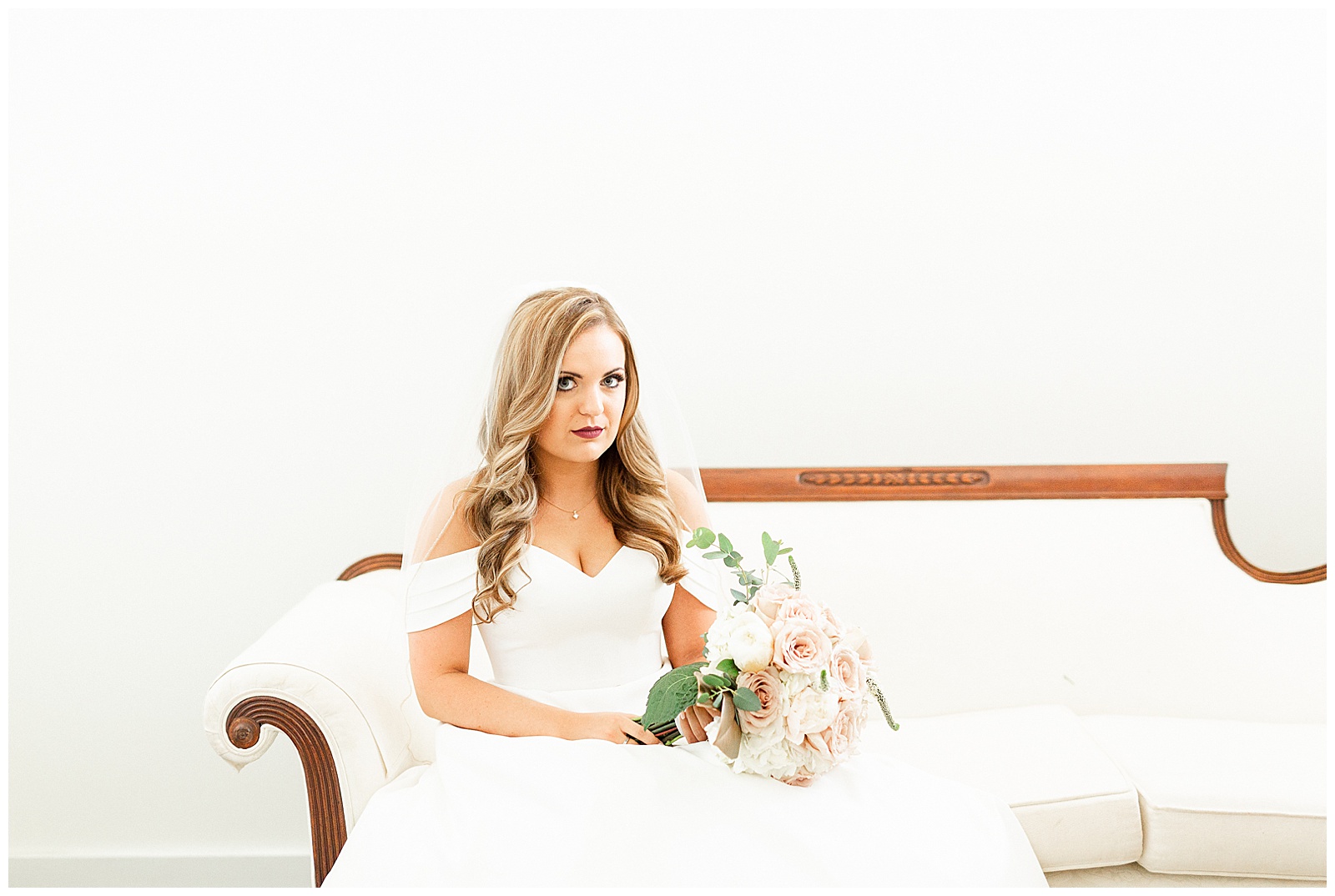 Elegant Off Shoulder Wedding Dress on Stunning Bride from Summer Wedding in Charlotte, NC | check out the full wedding at KevynDixonPhoto.com