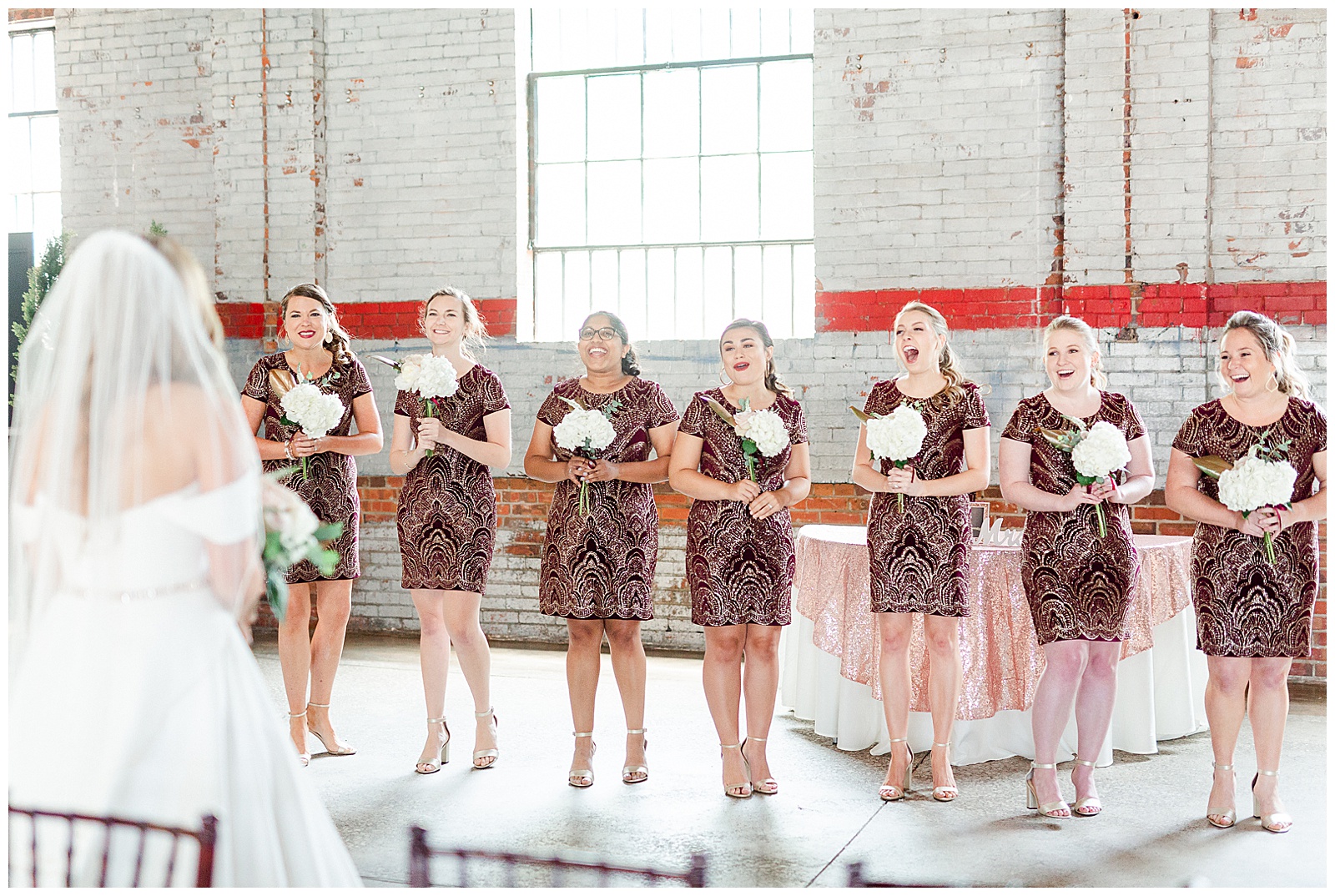 Red and Soft Pastel Pink Color Theme for Bridesmaid Gold and Red Dresses and Bridesmaid First Look from Summer Wedding in Charlotte, NC | check out the full wedding at KevynDixonPhoto.com