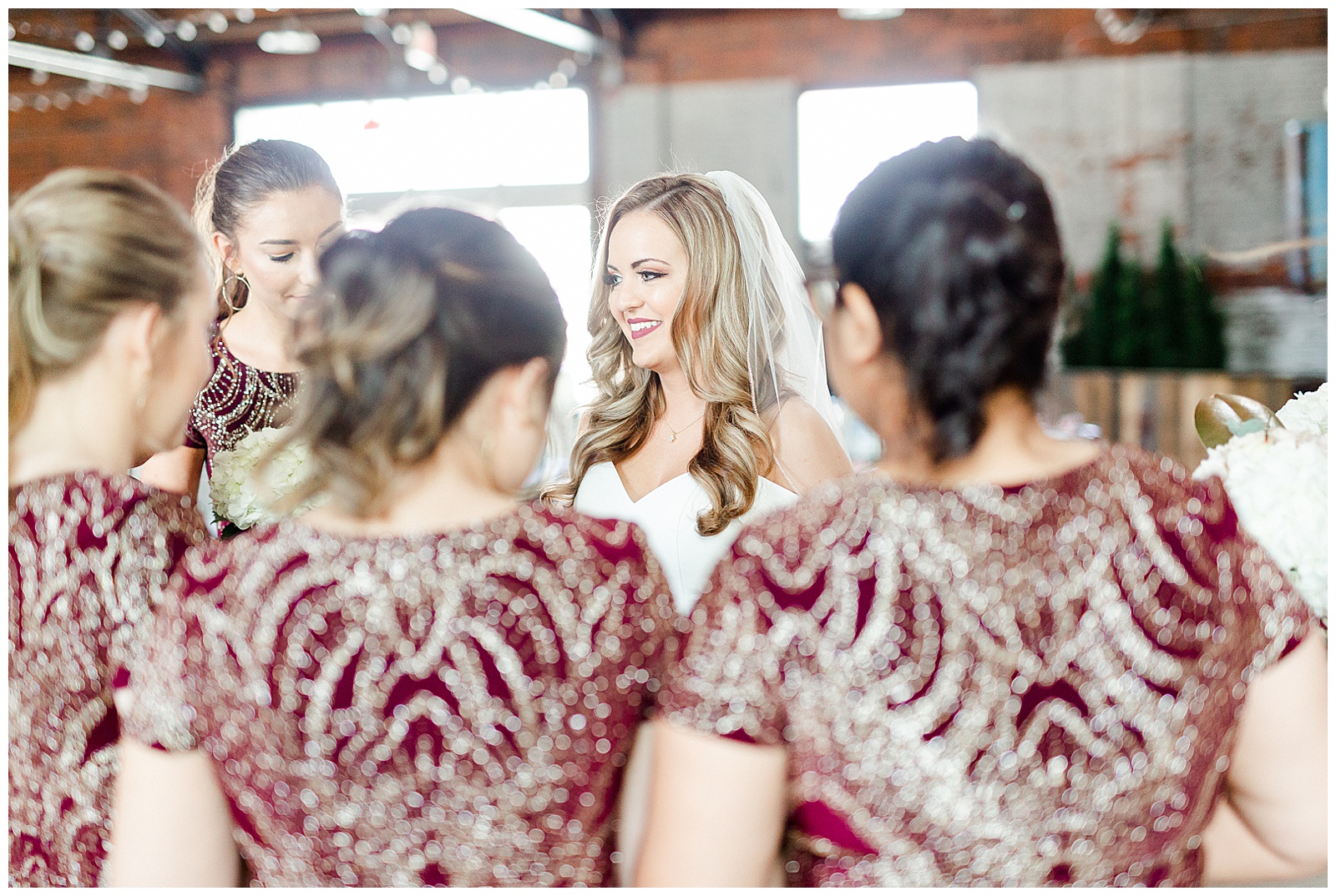 Red and Soft Pastel Pink Color Theme for Bridesmaid Gold and Red Dresses and Bridesmaid First Look from Summer Wedding in Charlotte, NC | check out the full wedding at KevynDixonPhoto.com