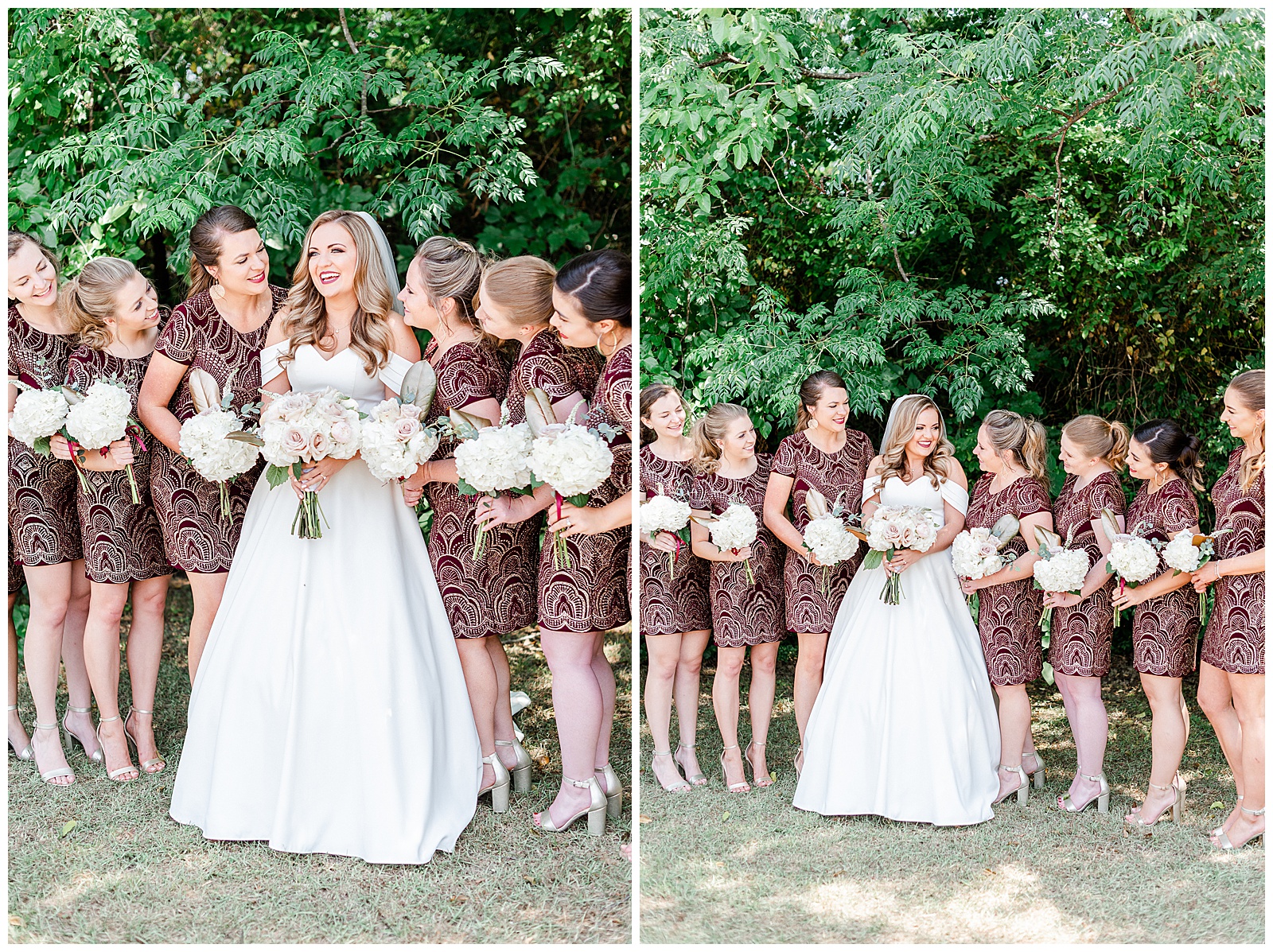 Red and Soft Pastel Pink Color Theme for Bridesmaid Gold and Red Dresses and Bridesmaid First Look from Summer Wedding in Charlotte, NC | check out the full wedding at KevynDixonPhoto.com