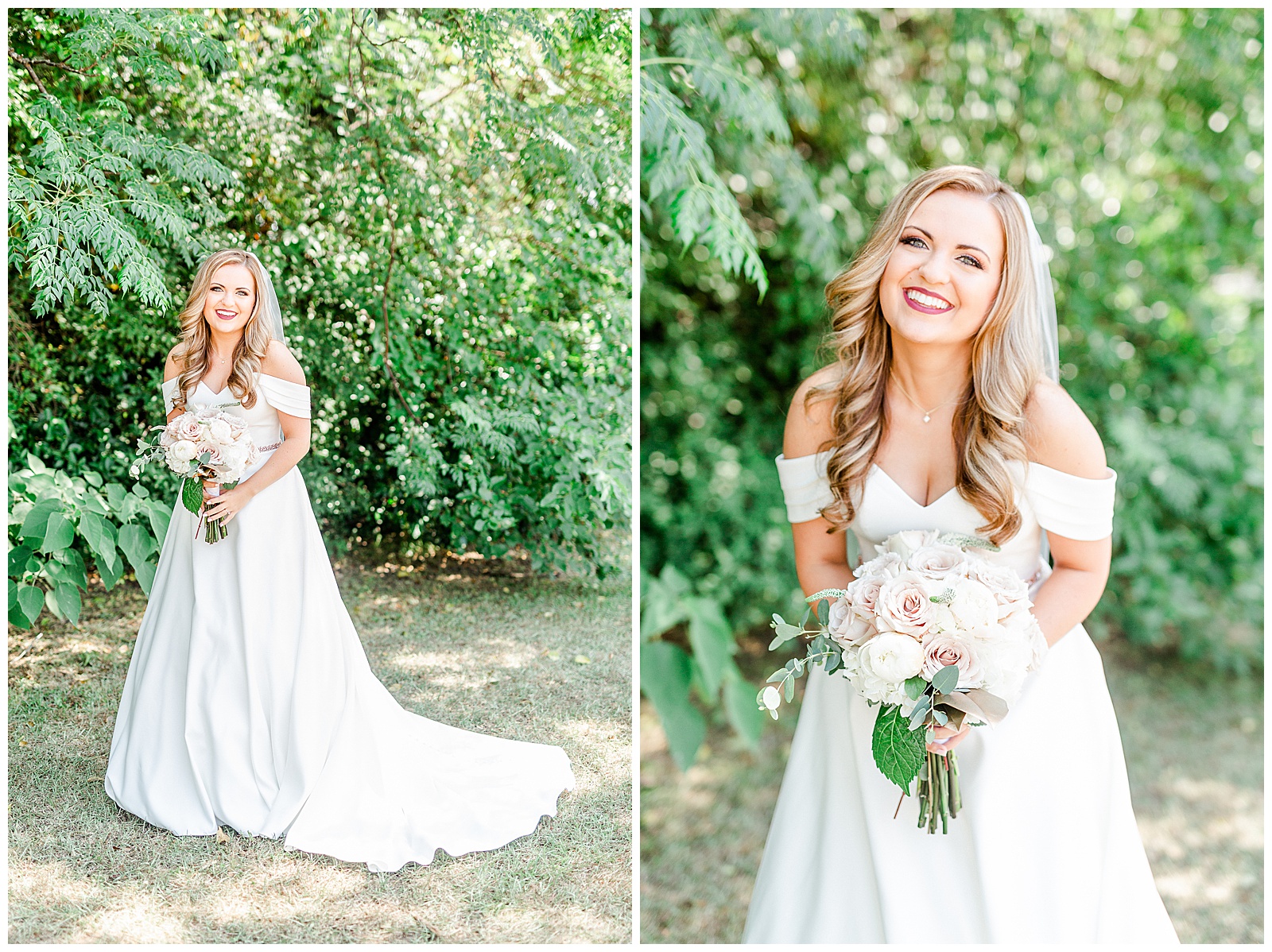 Elegant Off Shoulder Wedding Dress on Stunning Bride from Summer Wedding in Charlotte, NC | check out the full wedding at KevynDixonPhoto.com