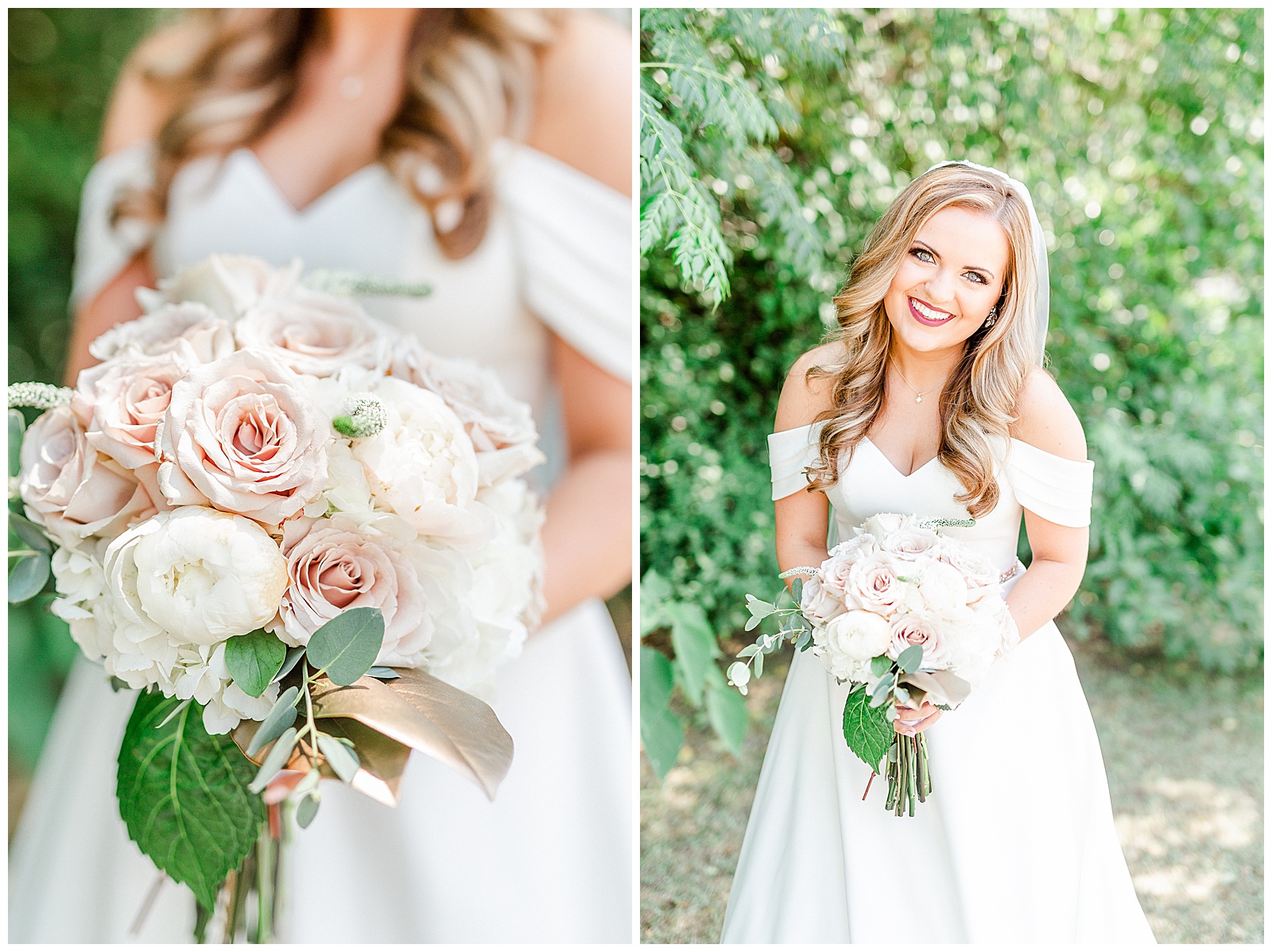 Elegant Off Shoulder Wedding Dress on Stunning Bride from Summer Wedding in Charlotte, NC | check out the full wedding at KevynDixonPhoto.com