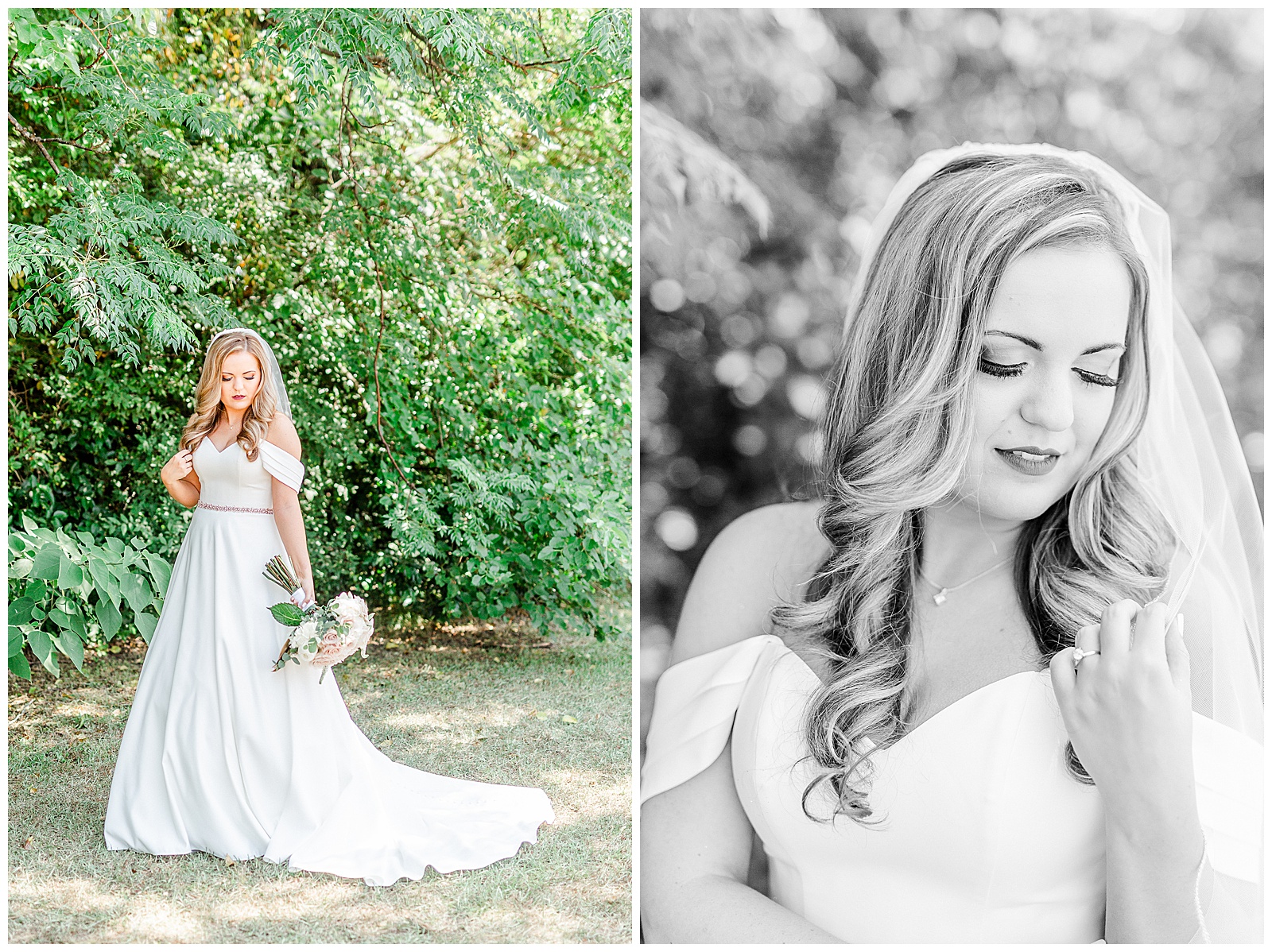 Elegant Off Shoulder Wedding Dress on Stunning Bride from Summer Wedding in Charlotte, NC | check out the full wedding at KevynDixonPhoto.com