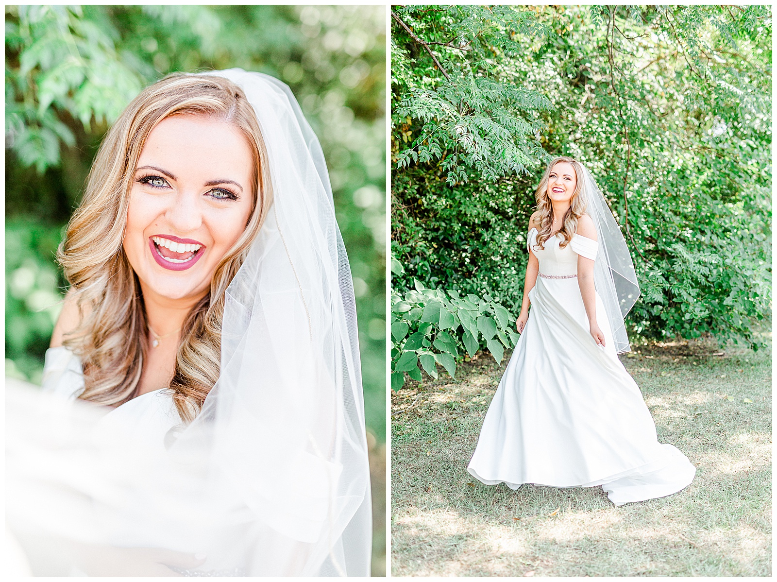 Elegant Off Shoulder Wedding Dress and Veil on Stunning Bride from Summer Wedding in Charlotte, NC | check out the full wedding at KevynDixonPhoto.com