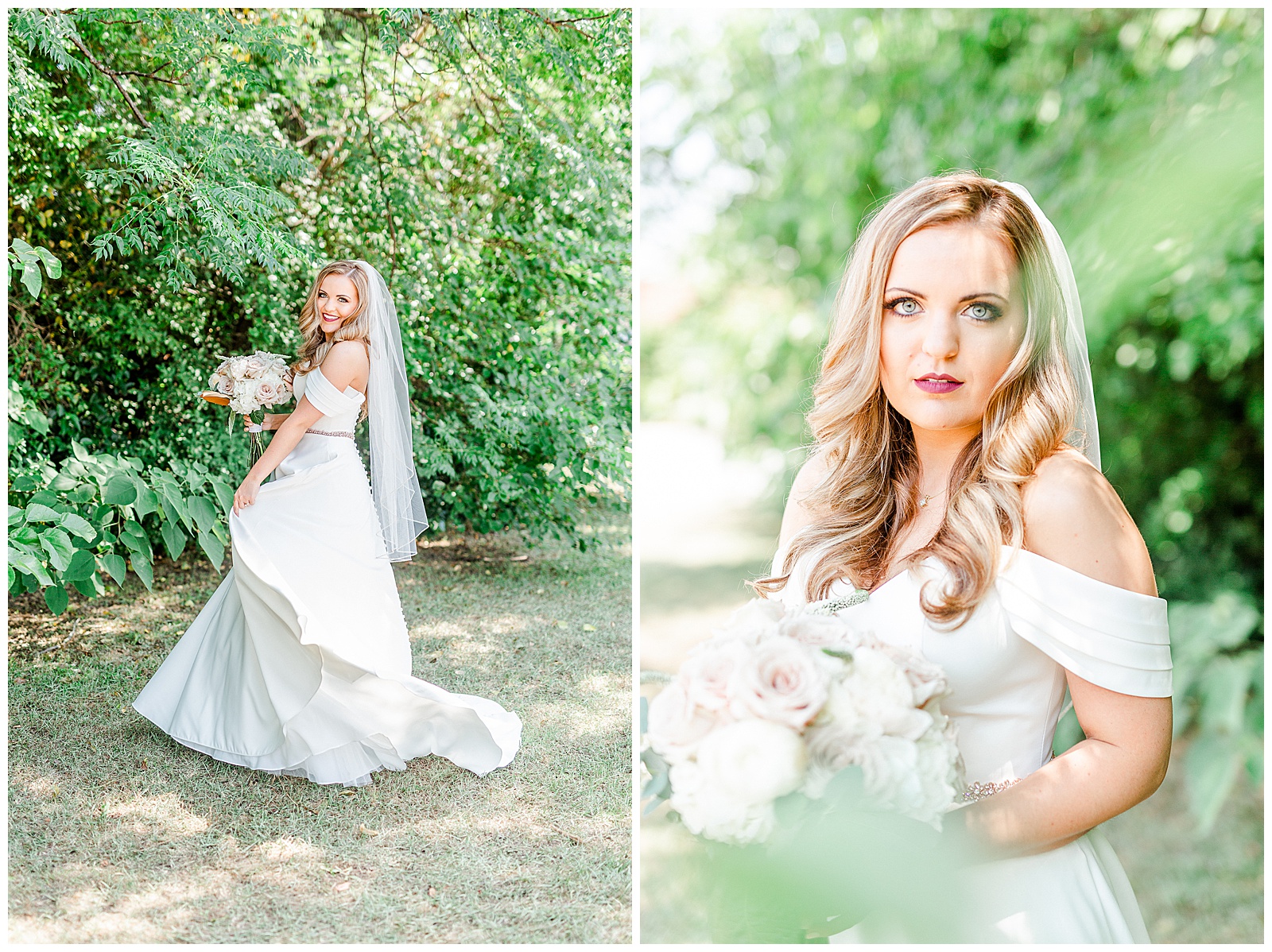 Elegant Off Shoulder Wedding Dress and Veil on Stunning Bride from Summer Wedding in Charlotte, NC | check out the full wedding at KevynDixonPhoto.com