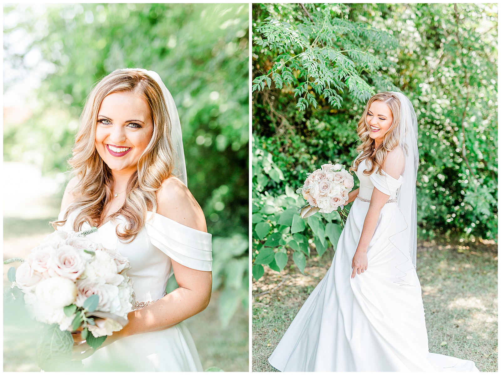 Elegant Off Shoulder Wedding Dress and Veil on Stunning Bride from Summer Wedding in Charlotte, NC | check out the full wedding at KevynDixonPhoto.com