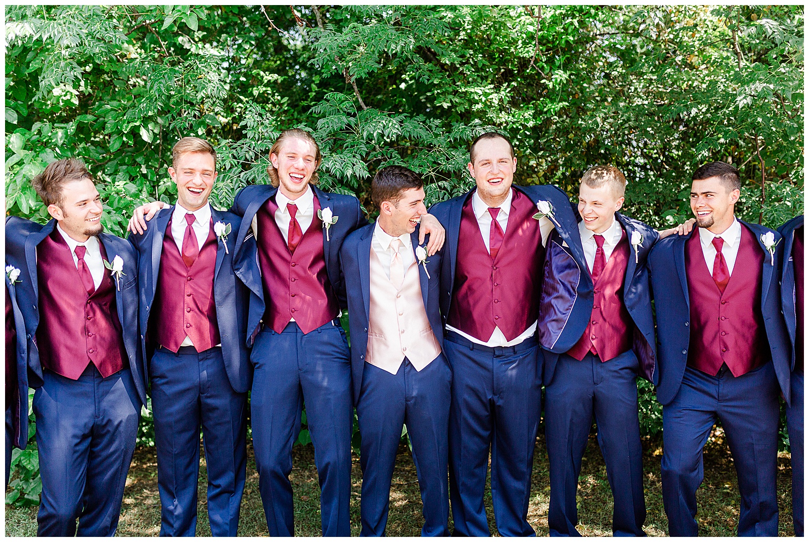 Groom and Groomsmen Group Photo in Blue Suits Red Vests from Summer Wedding in Charlotte, NC | Check out the full wedding at KevynDixonPhoto.com