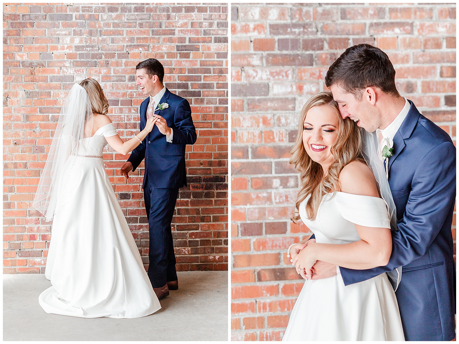 Adorable Bride and Groom Portraits against a red brick wall from Summer Wedding in Charlotte, NC | Check out the full wedding at KevynDixonPhoto.com