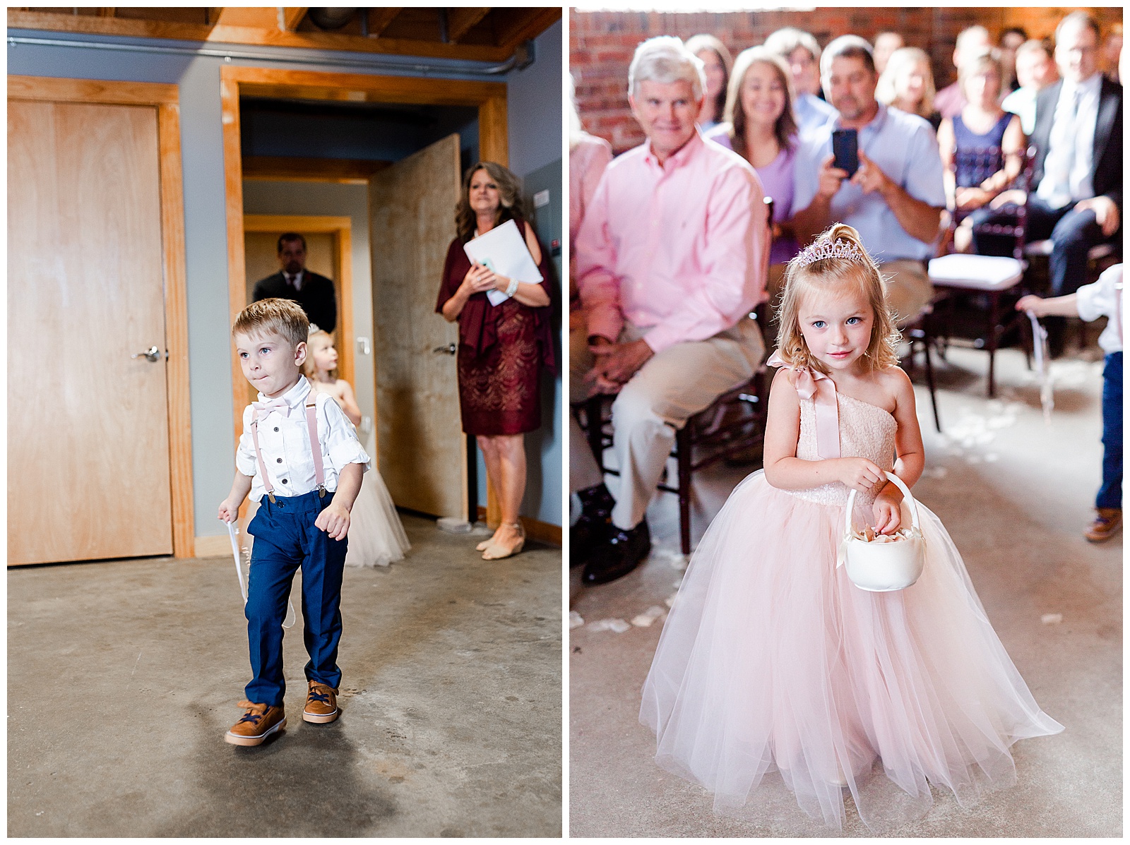 Adorable Flower Girl and Ring Boy Photos in Fluffy Pink Dress and Suspenders from Summer Wedding in Charlotte, NC | Check out the full wedding at KevynDixonPhoto.com