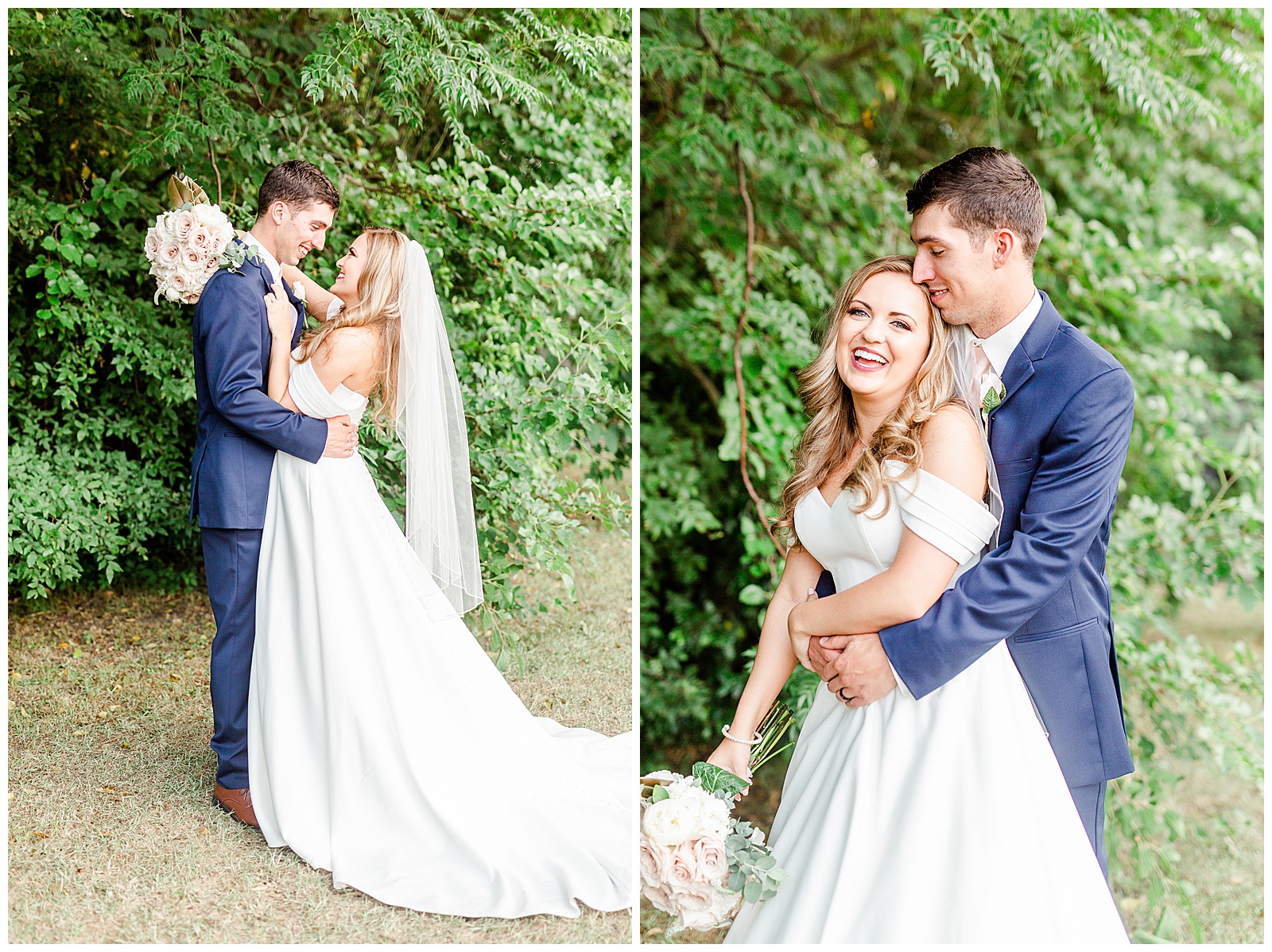 Bride and Groom Outdoor Portraits with blue suit and off shoulder wedding dress from Summer Wedding in Charlotte, NC | Check out the full wedding at KevynDixonPhoto.com