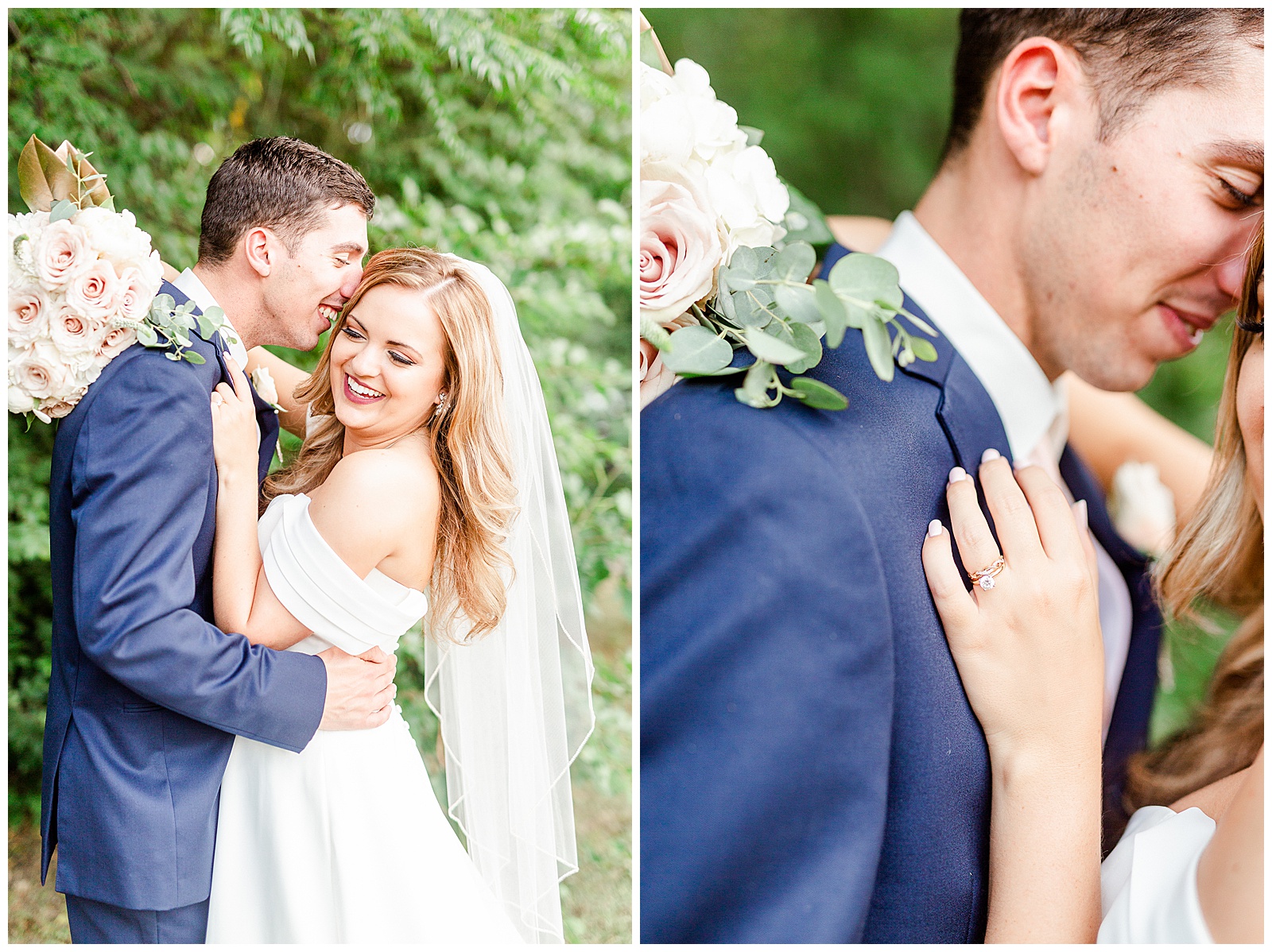 Bride and Groom Outdoor Portraits with blue suit and off shoulder wedding dress from Summer Wedding in Charlotte, NC | Check out the full wedding at KevynDixonPhoto.com