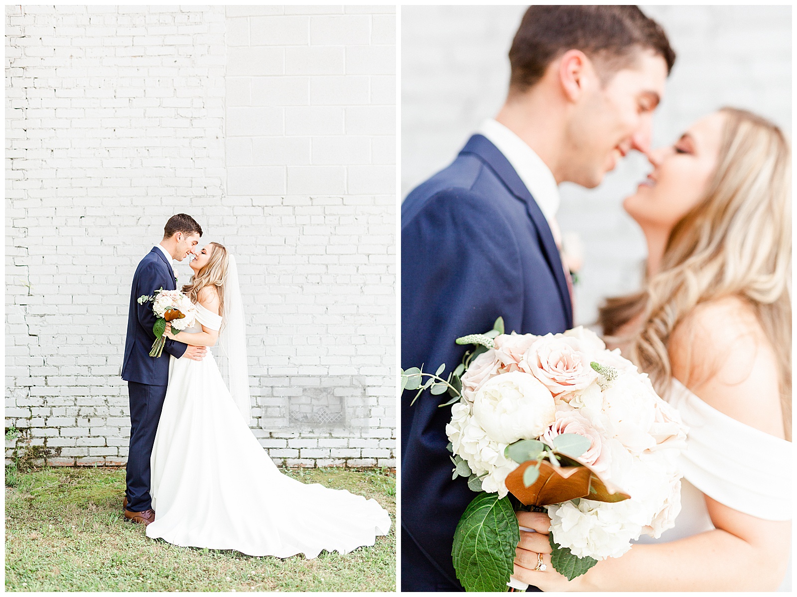 Stunning Modern Bride and Groom with off shoulder wedding dress and blue suit in outdoor portraits in front of white grungy wall from Summer Wedding in Charlotte, NC | Check out the full wedding at KevynDixonPhoto.com