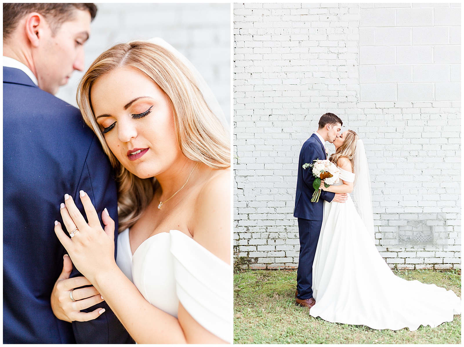 Stunning Modern Bride and Groom with off shoulder wedding dress and blue suit in outdoor portraits in front of white grungy wall from Summer Wedding in Charlotte, NC | Check out the full wedding at KevynDixonPhoto.com