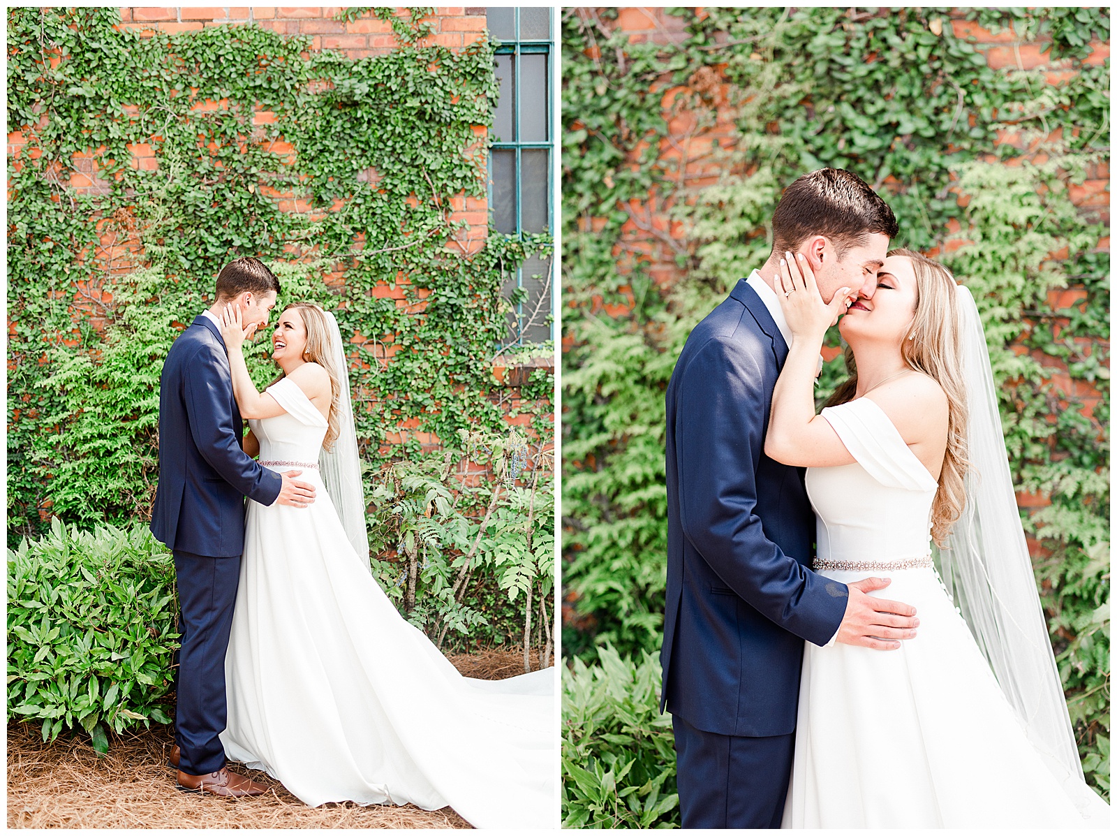 Stunning Modern Bride and Groom with off shoulder wedding dress and blue suit in outdoor portraits in front of vine-covered brick building from Summer Wedding in Charlotte, NC | Check out the full wedding at KevynDixonPhoto.com