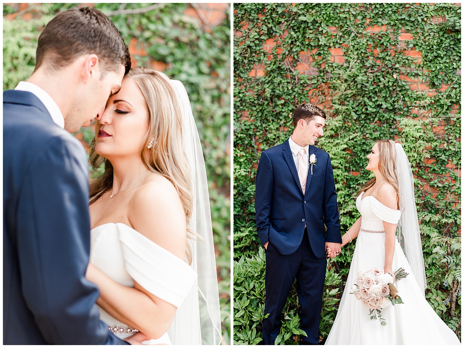 Stunning Modern Bride and Groom with off shoulder wedding dress and blue suit in outdoor portraits in front of vine-covered brick building from Summer Wedding in Charlotte, NC | Check out the full wedding at KevynDixonPhoto.com