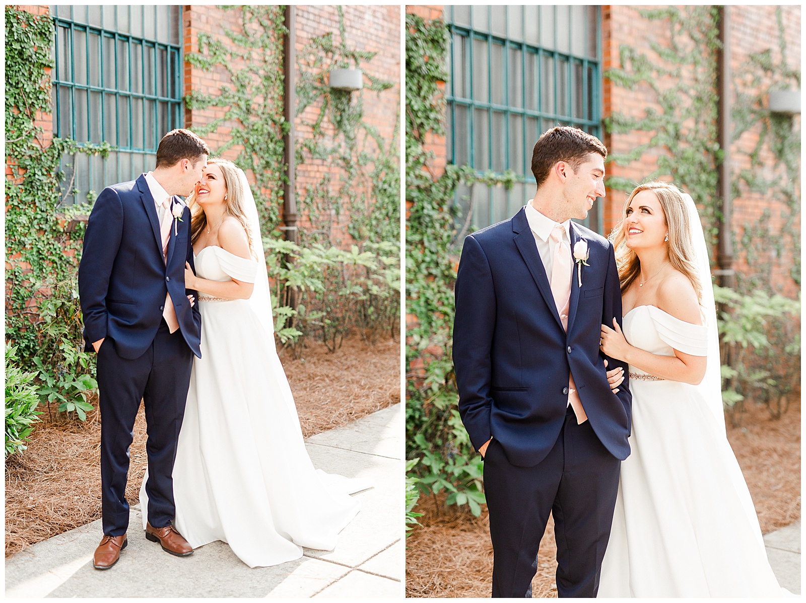 Stunning Modern Bride and Groom with off shoulder wedding dress and blue suit in outdoor portraits in front of vine-covered brick building from Summer Wedding in Charlotte, NC | Check out the full wedding at KevynDixonPhoto.com