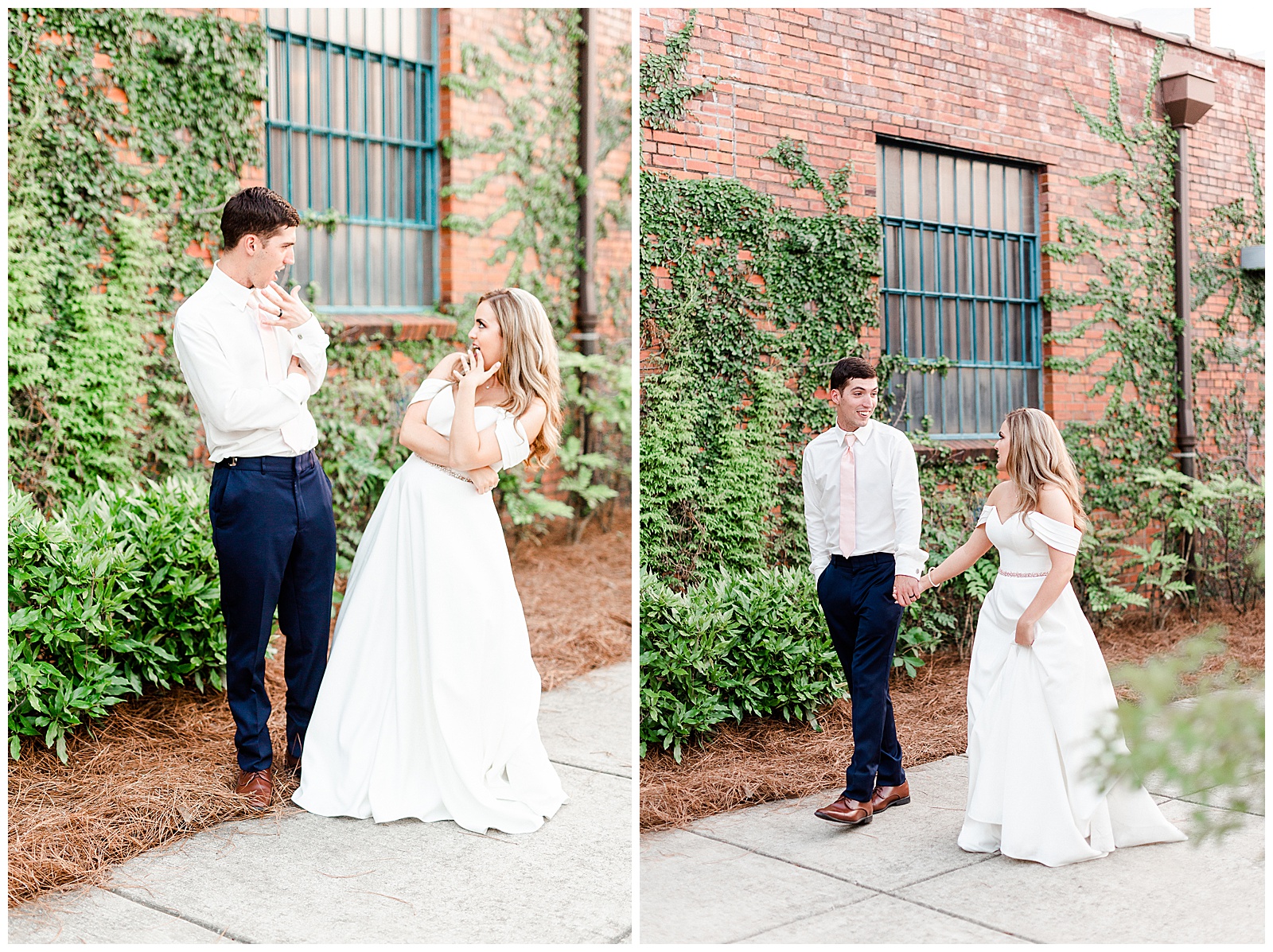 Stunning Modern Bride and Groom with off shoulder wedding dress and blue suit in outdoor portraits in front of vine-covered brick building from Summer Wedding in Charlotte, NC | Check out the full wedding at KevynDixonPhoto.com