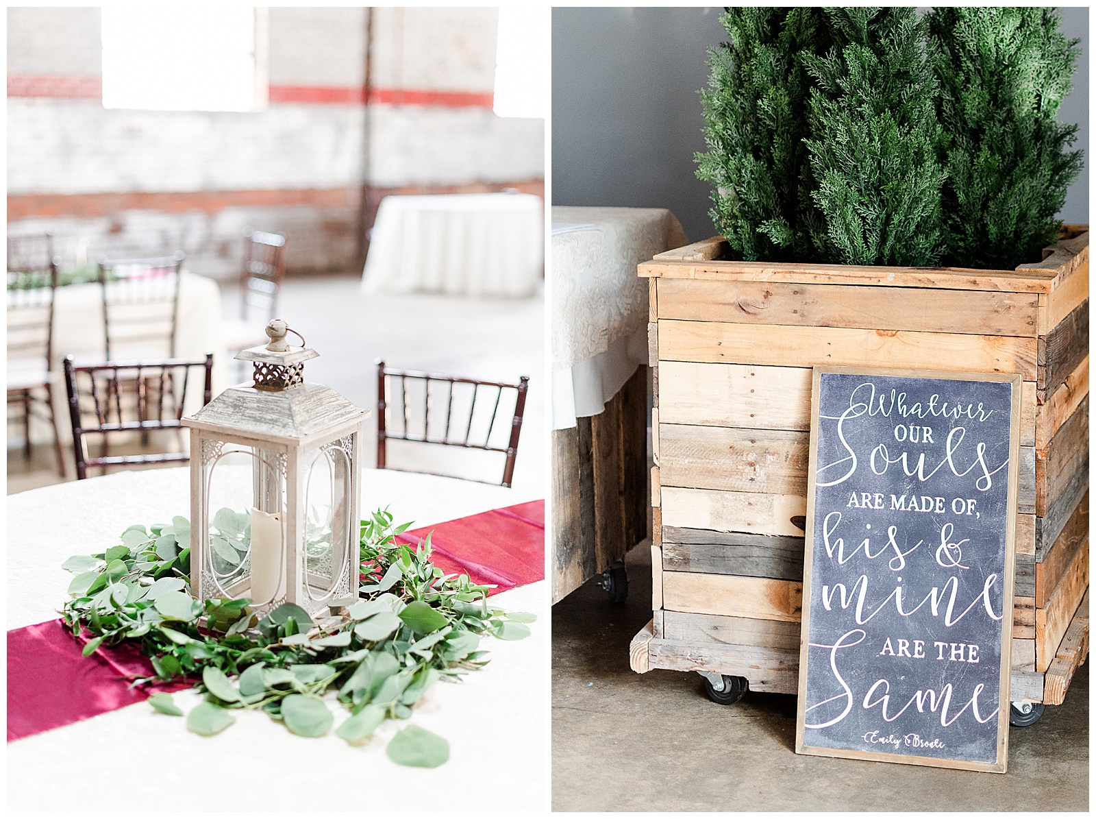 Elegant greenery, chalkboard wedding sign, and and lantern for table centerpiece and tabletop decor from Summer Wedding in Charlotte, NC | Check out the full wedding at KevynDixonPhoto.com