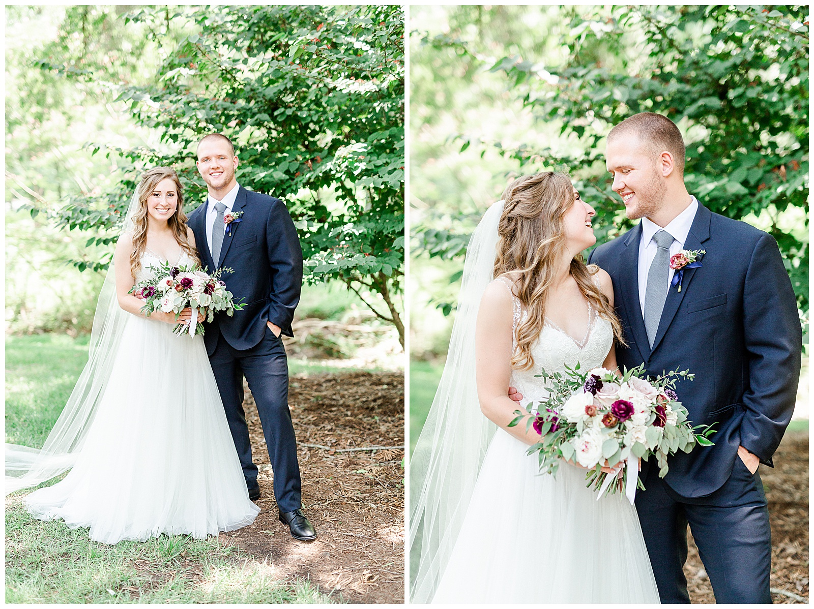 Simple V-Neck Lace wedding dress and dapper groom in blue-gray suit from Elegant Modern Summer Wedding in Charlotte, NC | check out the full wedding at KevynDixonPhoto.com