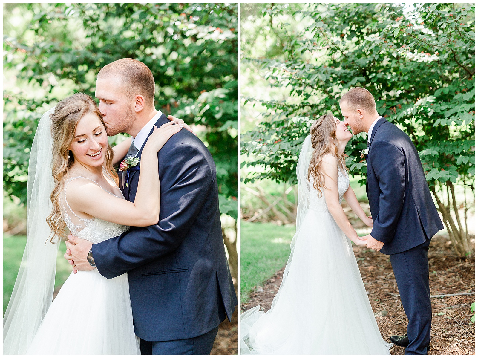 Simple V-Neck Lace wedding dress and dapper groom in blue-gray suit from Elegant Modern Summer Wedding in Charlotte, NC | check out the full wedding at KevynDixonPhoto.com