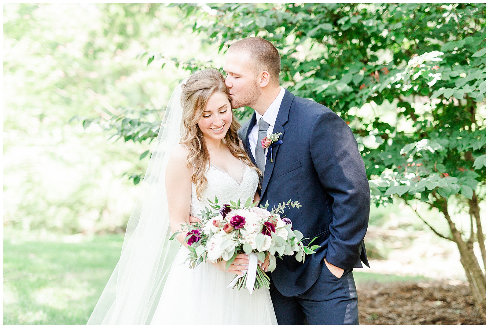 Simple V-Neck Lace wedding dress and dapper groom in blue-gray suit from Elegant Modern Summer Wedding in Charlotte, NC | check out the full wedding at KevynDixonPhoto.com