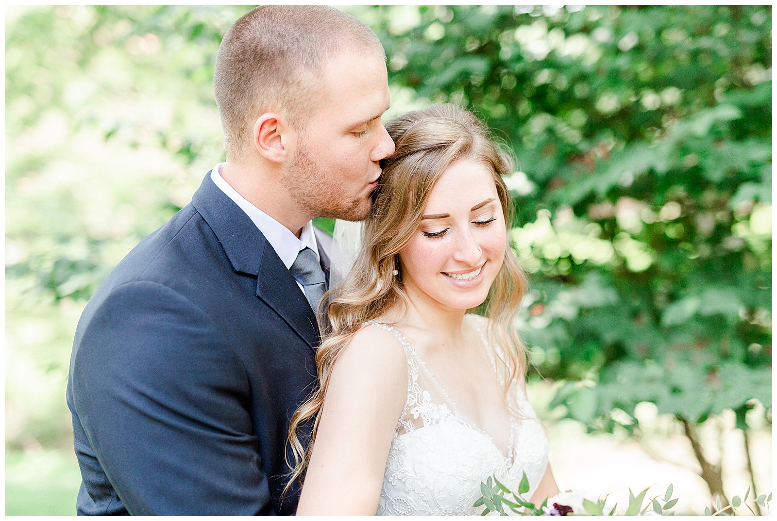 Simple V-Neck Lace wedding dress and dapper groom in blue-gray suit from Elegant Modern Summer Wedding in Charlotte, NC | check out the full wedding at KevynDixonPhoto.com