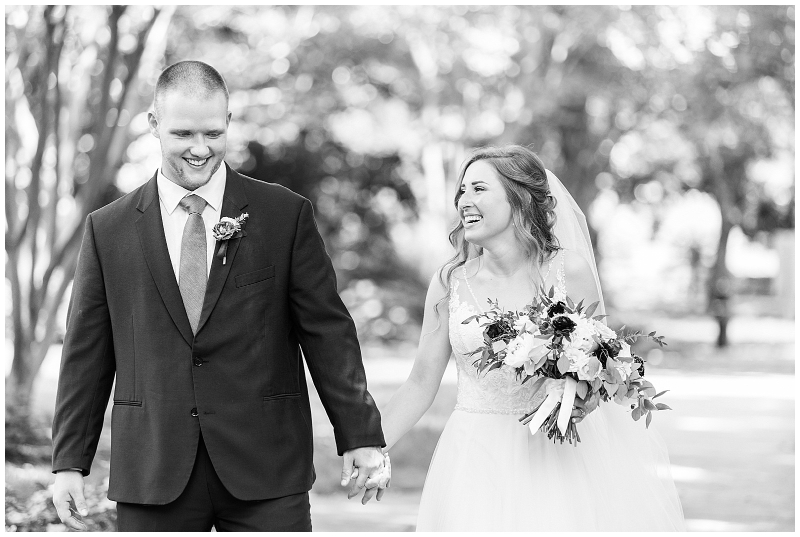 Simple V-Neck Lace wedding dress and dapper groom in blue-gray suit from Elegant Modern Summer Wedding in Charlotte, NC | check out the full wedding at KevynDixonPhoto.com