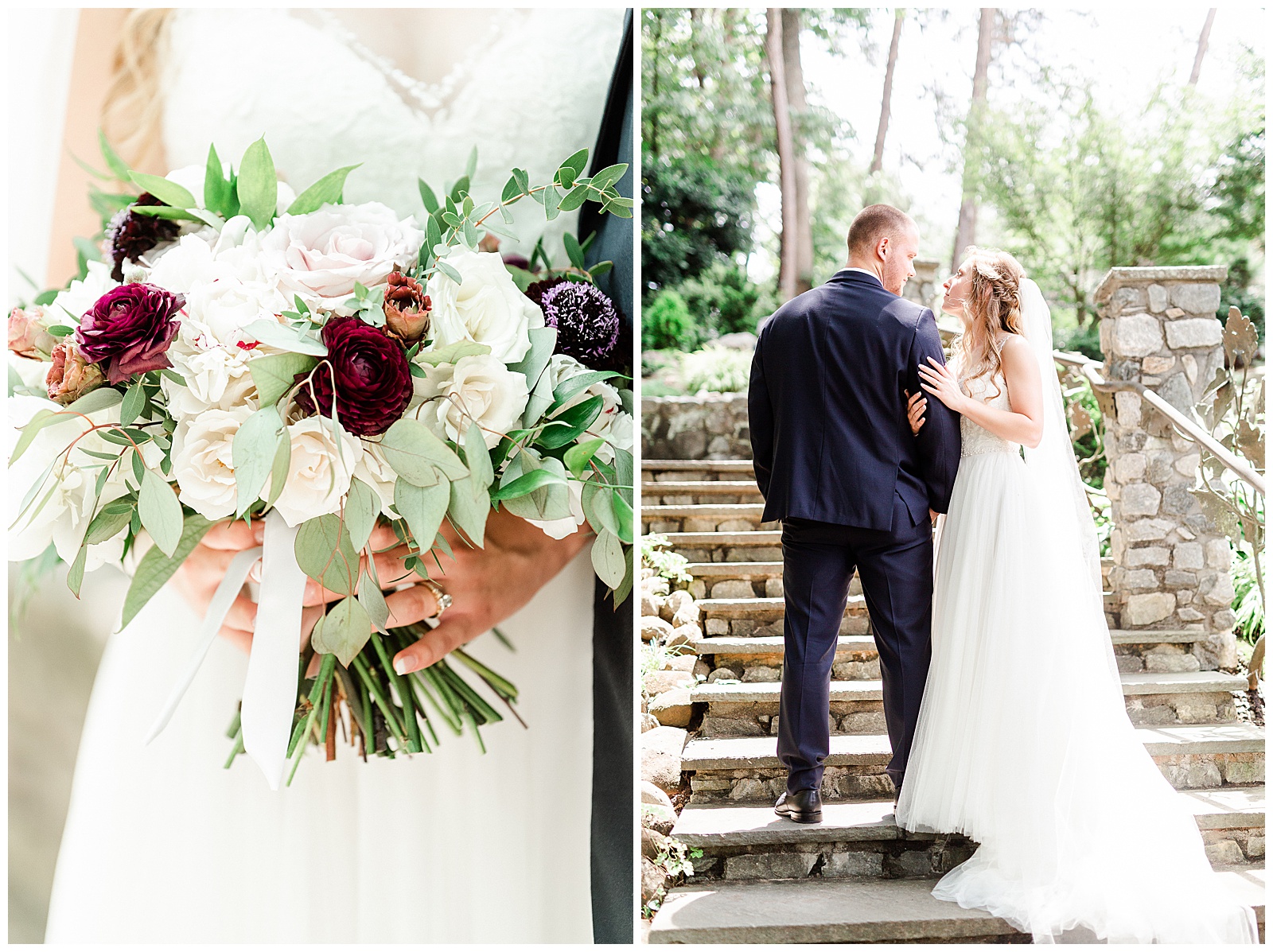 Stunning Serious Model Photos of Gorgeous Bride in Simple V-Neck Lace wedding dress and dapper groom in gray-blue suit from Elegant Modern Summer Wedding in Charlotte, NC | check out the full wedding at KevynDixonPhoto.com