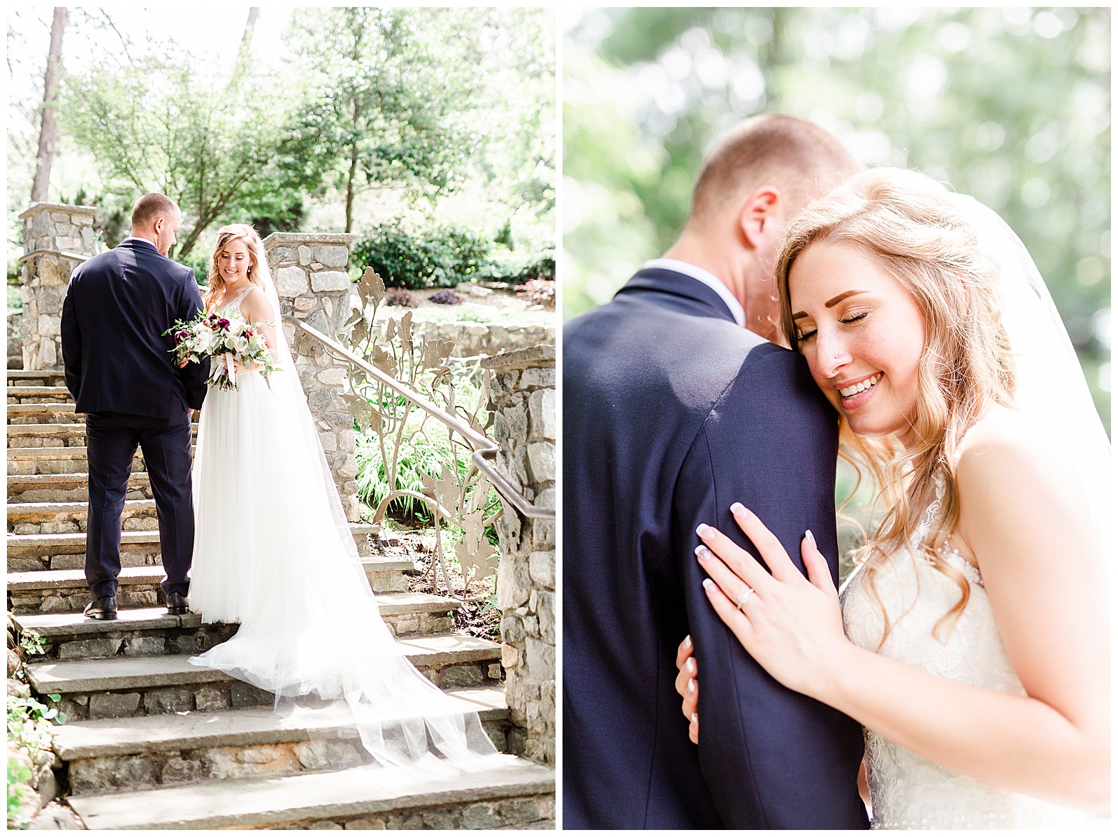 Stunning Model Photos of Gorgeous Bride in Simple V-Neck Lace wedding dress and dapper groom in gray-blue suit from Elegant Modern Summer Wedding in Charlotte, NC | check out the full wedding at KevynDixonPhoto.com