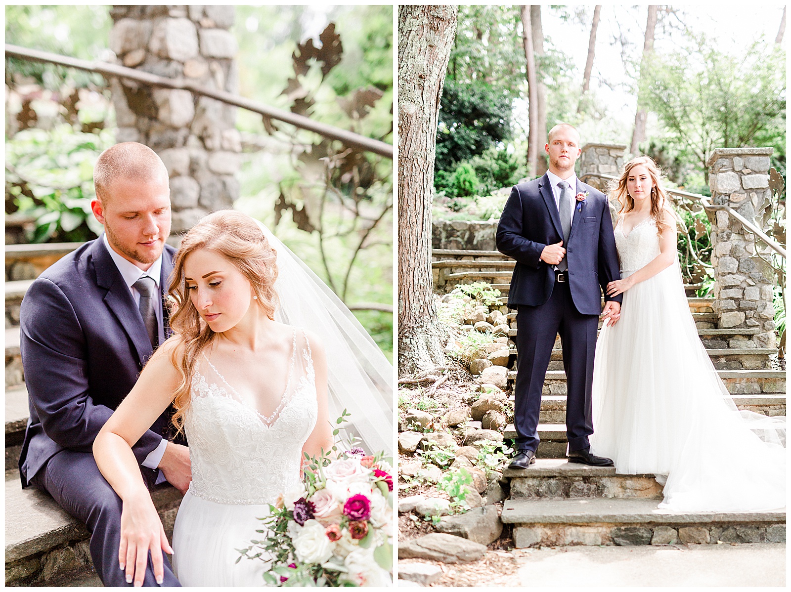 Stunning Serious Model Photos of Gorgeous Bride in Simple V-Neck Lace wedding dress and dapper groom in gray-blue suit from Elegant Modern Summer Wedding in Charlotte, NC | check out the full wedding at KevynDixonPhoto.com