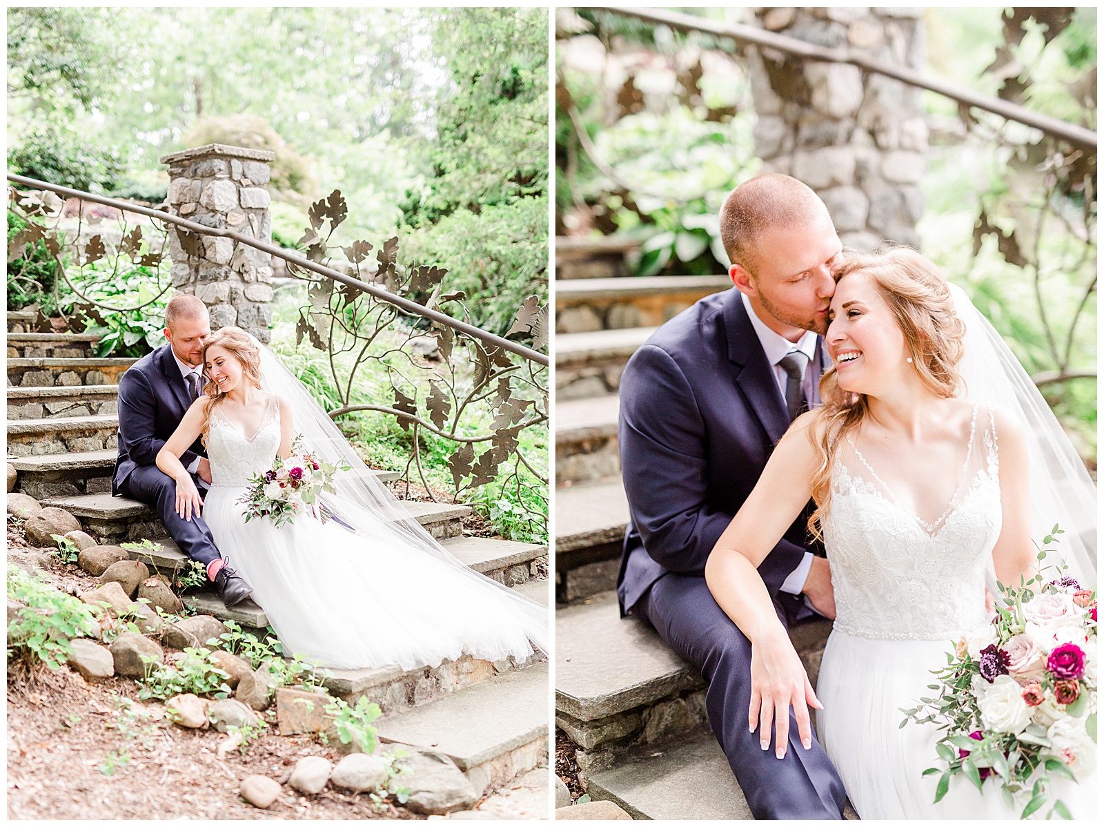 Stunning Model Photos of Gorgeous Bride in Simple V-Neck Lace wedding dress and dapper groom in gray-blue suit from Elegant Modern Summer Wedding in Charlotte, NC | check out the full wedding at KevynDixonPhoto.com