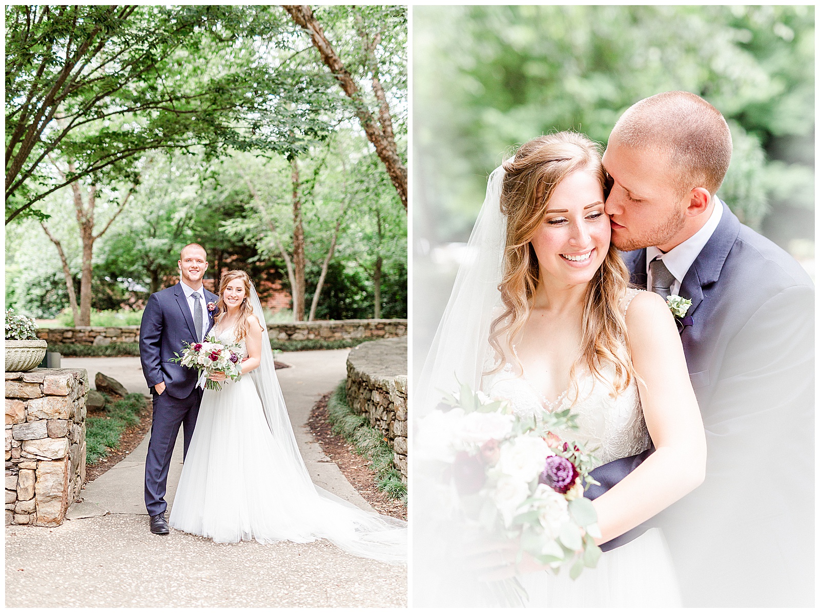 Stunning Model Photos of Gorgeous Bride in Simple V-Neck Lace wedding dress and dapper groom in gray-blue suit from Elegant Modern Summer Wedding in Charlotte, NC | check out the full wedding at KevynDixonPhoto.com