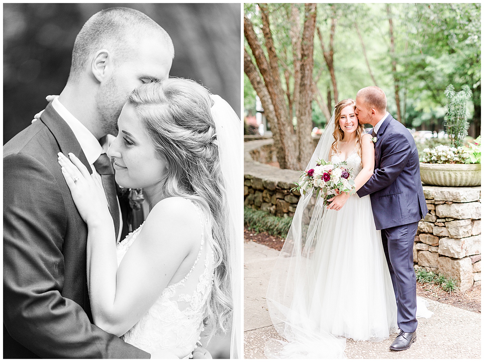 Stunning Model Photos of Gorgeous Bride in Simple V-Neck Lace wedding dress and dapper groom in gray-blue suit from Elegant Modern Summer Wedding in Charlotte, NC | check out the full wedding at KevynDixonPhoto.com