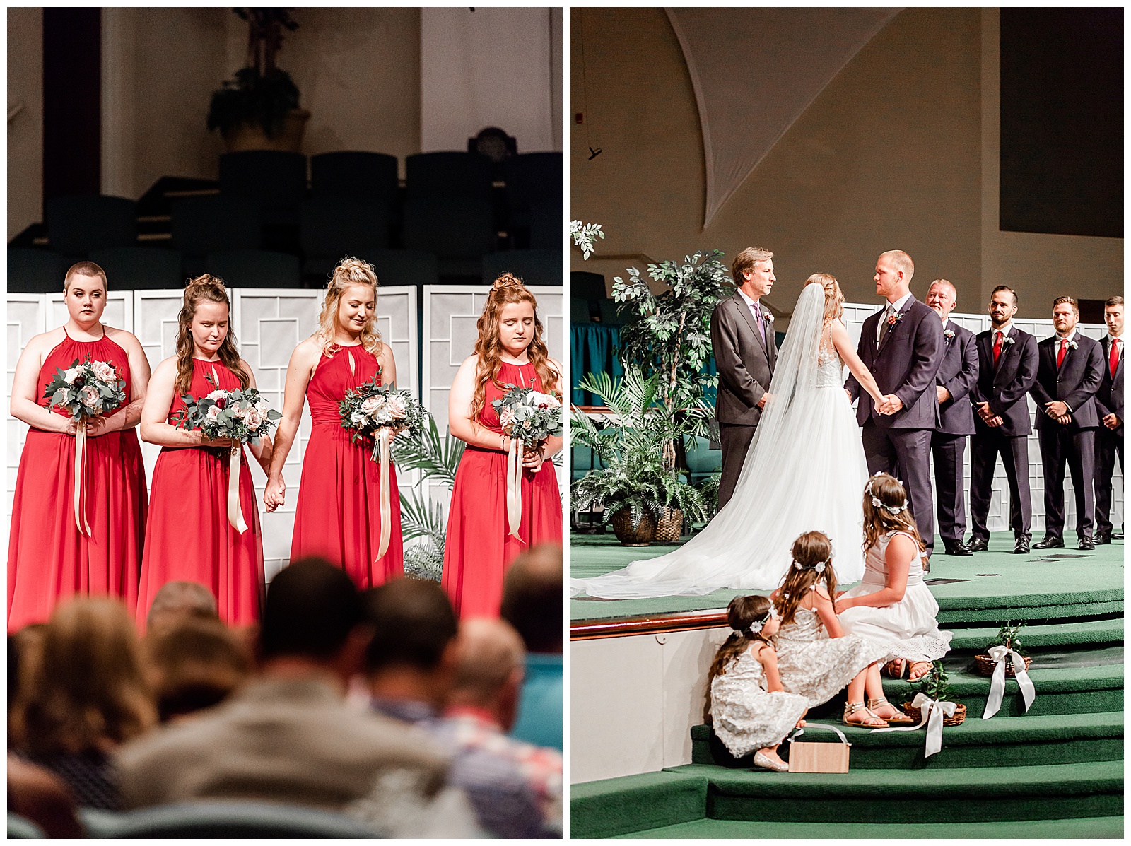 Cute Flower Girls wait for bride to walk down the aisle at Indoor Church Wedding Venue from Elegant Modern Summer Wedding in Charlotte, NC | check out the full wedding at KevynDixonPhoto.com
