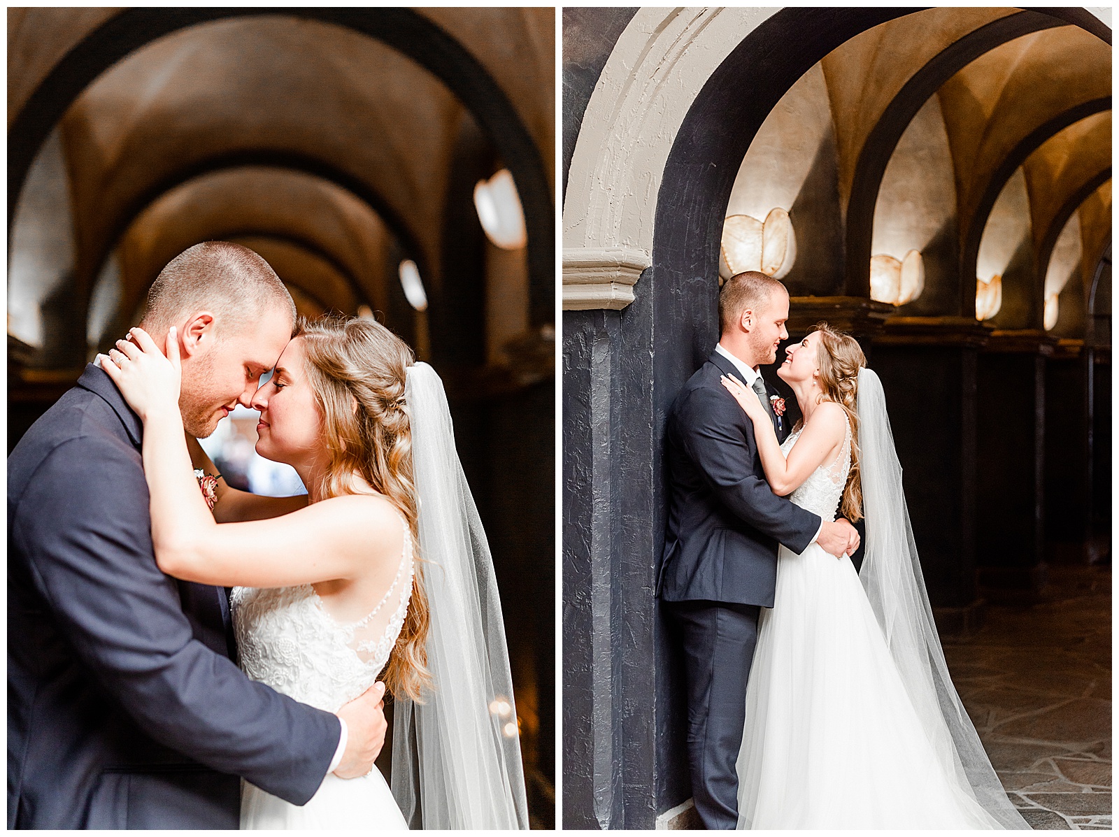 Stunning Navy Blue and Gold Bride Groom Portrait with Lace Wedding Dress from Elegant Modern Summer Wedding in Charlotte, NC | check out the full wedding at KevynDixonPhoto.com