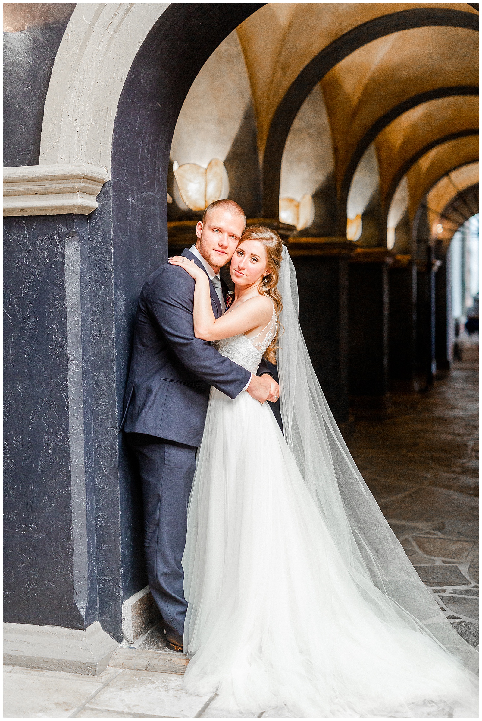 Stunning Navy Blue and Gold Bride Groom Portrait with Lace Wedding Dress from Elegant Modern Summer Wedding in Charlotte, NC | check out the full wedding at KevynDixonPhoto.com