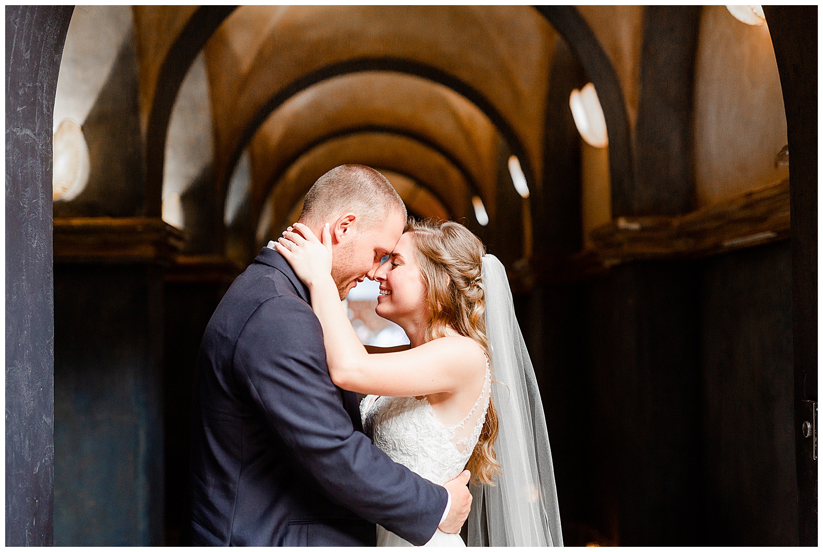 Stunning Navy Blue and Gold Bride Groom Portrait with Lace Wedding Dress from Elegant Modern Summer Wedding in Charlotte, NC | check out the full wedding at KevynDixonPhoto.com