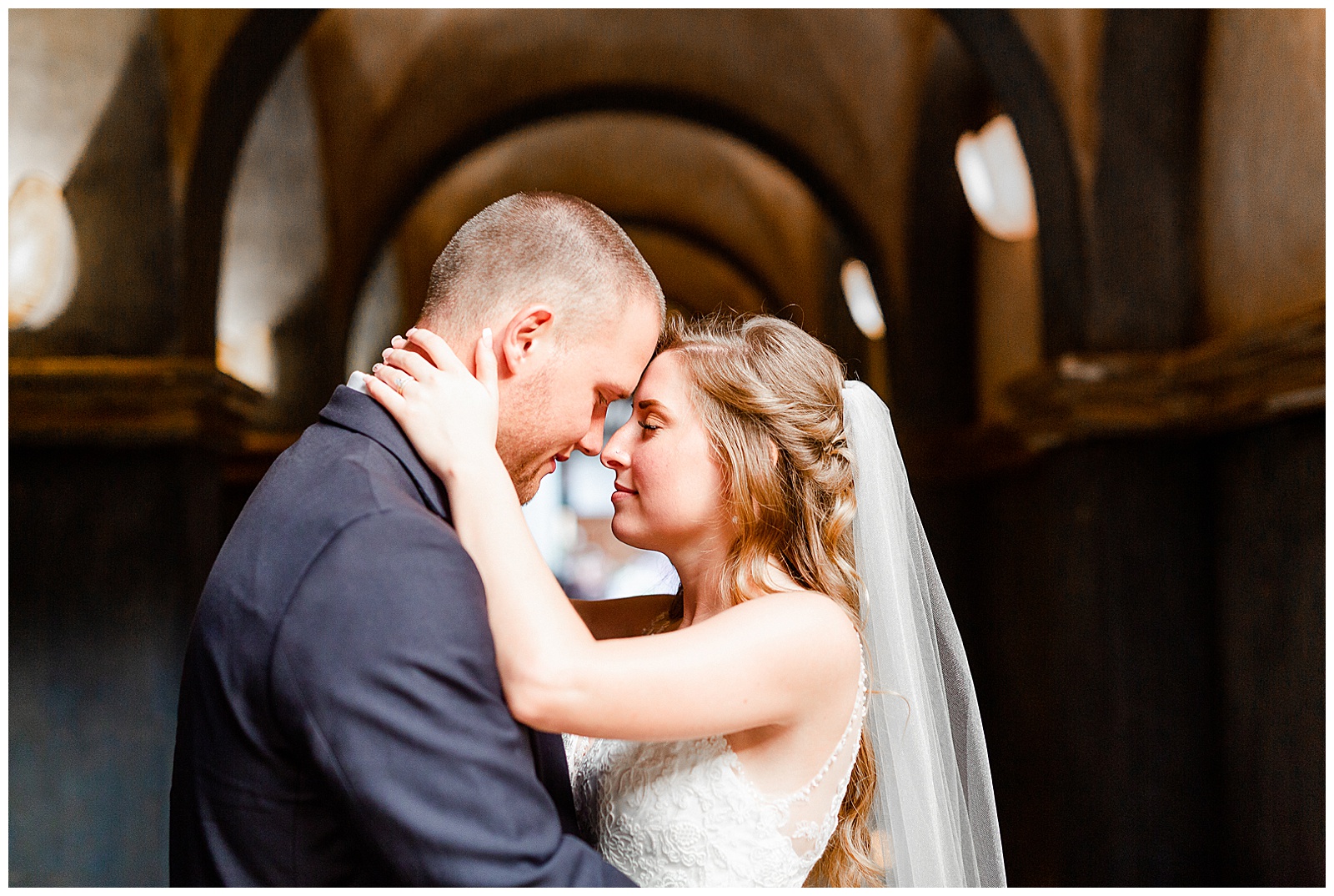 Stunning Navy Blue and Gold Bride Groom Portrait with Lace Wedding Dress from Elegant Modern Summer Wedding in Charlotte, NC | check out the full wedding at KevynDixonPhoto.com