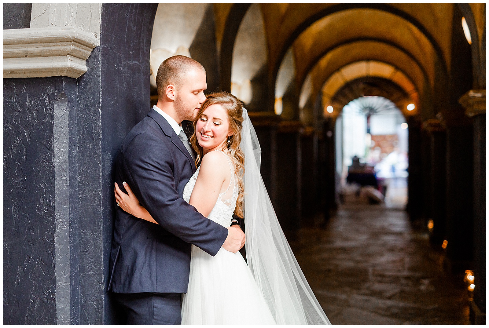 Stunning Navy Blue and Gold Bride Groom Portrait with Lace Wedding Dress from Elegant Modern Summer Wedding in Charlotte, NC | check out the full wedding at KevynDixonPhoto.com