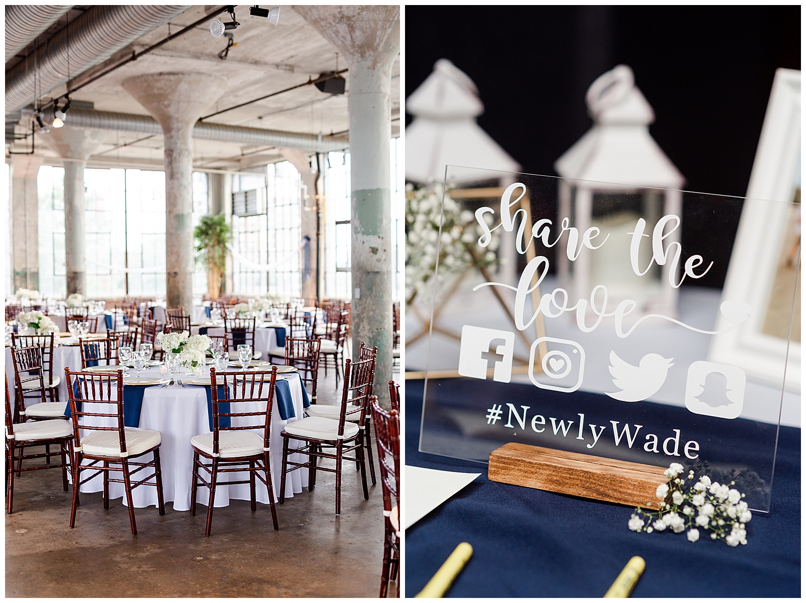Gorgeous Rustic Airy Indoor Wedding Venue from Navy Blue and Gold-Themed Elegant Modern Summer Wedding in Charlotte, NC | check out the full wedding at KevynDixonPhoto.com