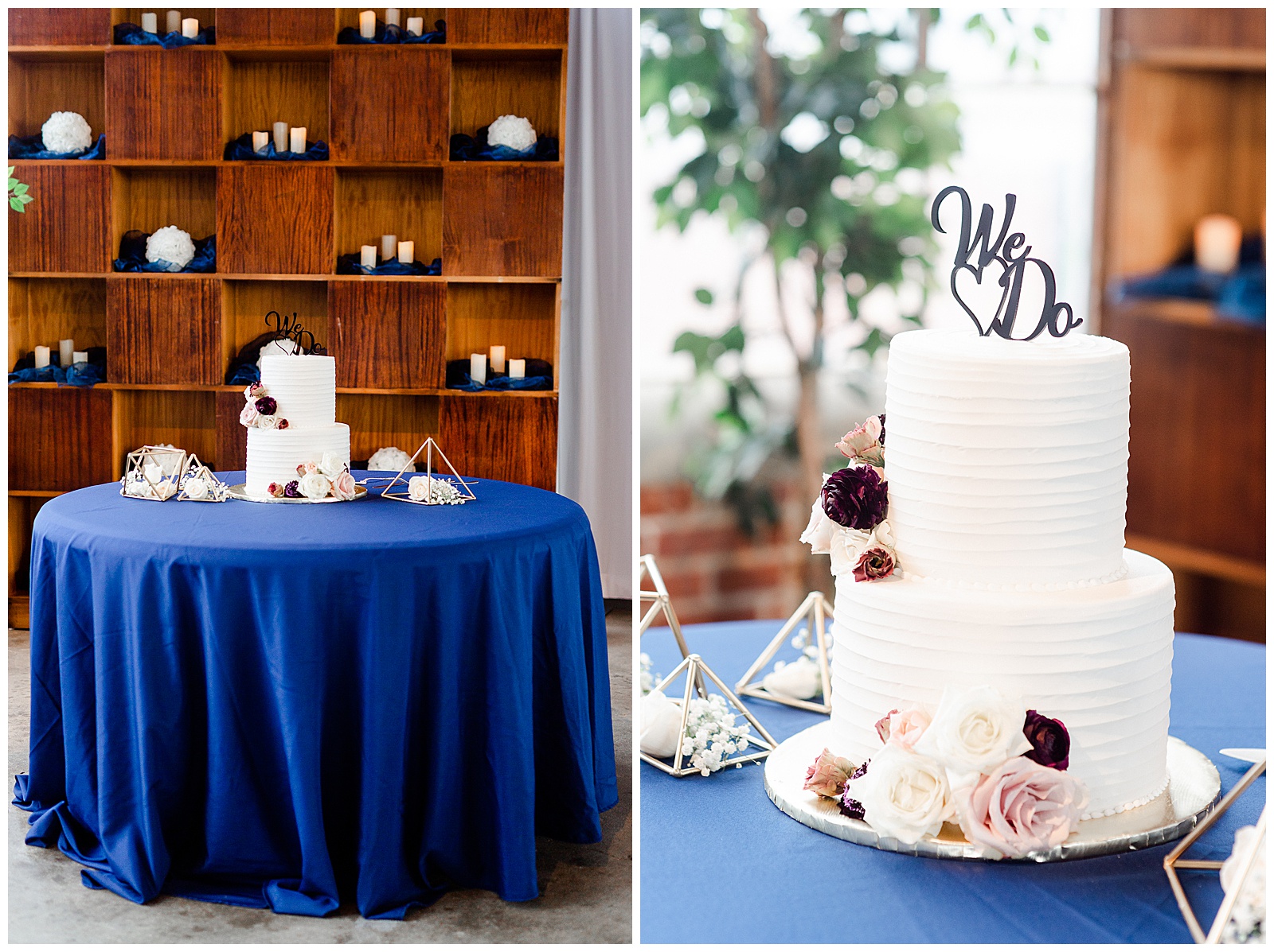 Simple white fondant wedding cake with flowers at Gorgeous Rustic Airy Indoor Wedding Venue from Navy Blue and Gold-Themed Elegant Modern Summer Wedding in Charlotte, NC | check out the full wedding at KevynDixonPhoto.com