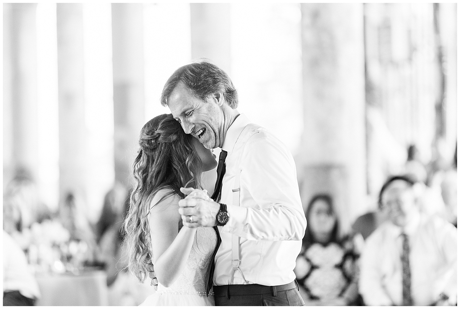 Emotional Bride and Dad Father-Daughter dance at Rustic Airy Indoor Wedding Venue with fairy lights in Elegant Modern Summer Wedding in Charlotte, NC | check out the full wedding at KevynDixonPhoto.com