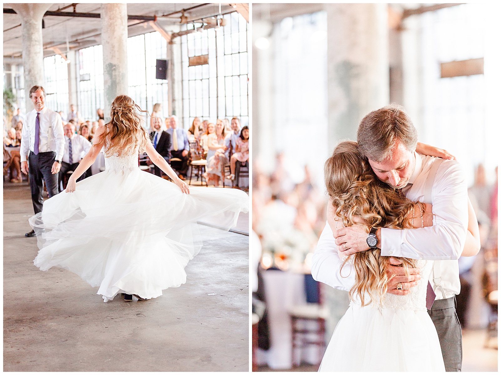 Emotional Bride and Dad Father-Daughter dance at Rustic Airy Indoor Wedding Venue with fairy lights in Elegant Modern Summer Wedding in Charlotte, NC | check out the full wedding at KevynDixonPhoto.com