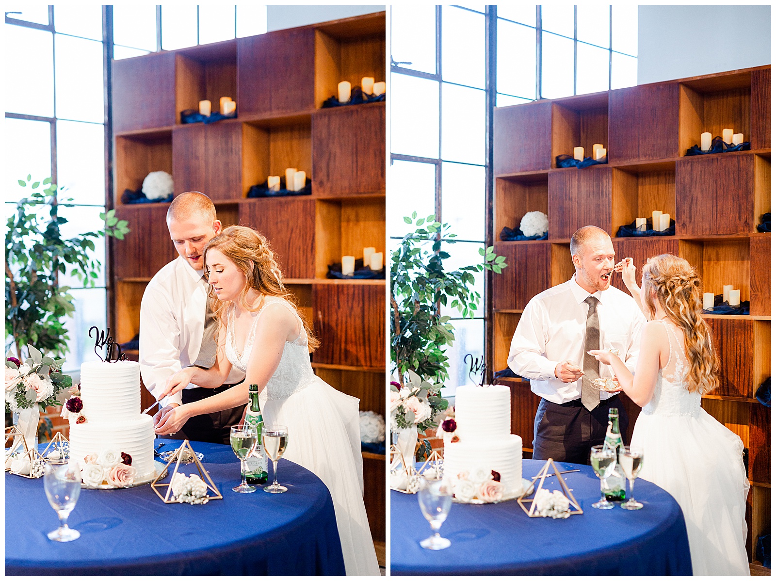 Bride and Groom cut simple white fondant wedding cake with flowers at Gold-Themed Elegant Modern Summer Wedding in Charlotte, NC | check out the full wedding at KevynDixonPhoto.com