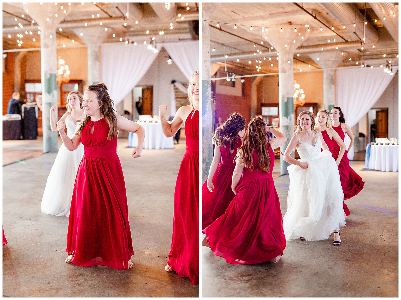 Bride Surprises Groom with Bridesmaid Dance at Rustic Airy Indoor Wedding Venue with fairy lights - Red-Themed Bridesmaid Dress Ideas from Elegant Modern Summer Wedding in Charlotte, NC | check out the full wedding at KevynDixonPhoto.com