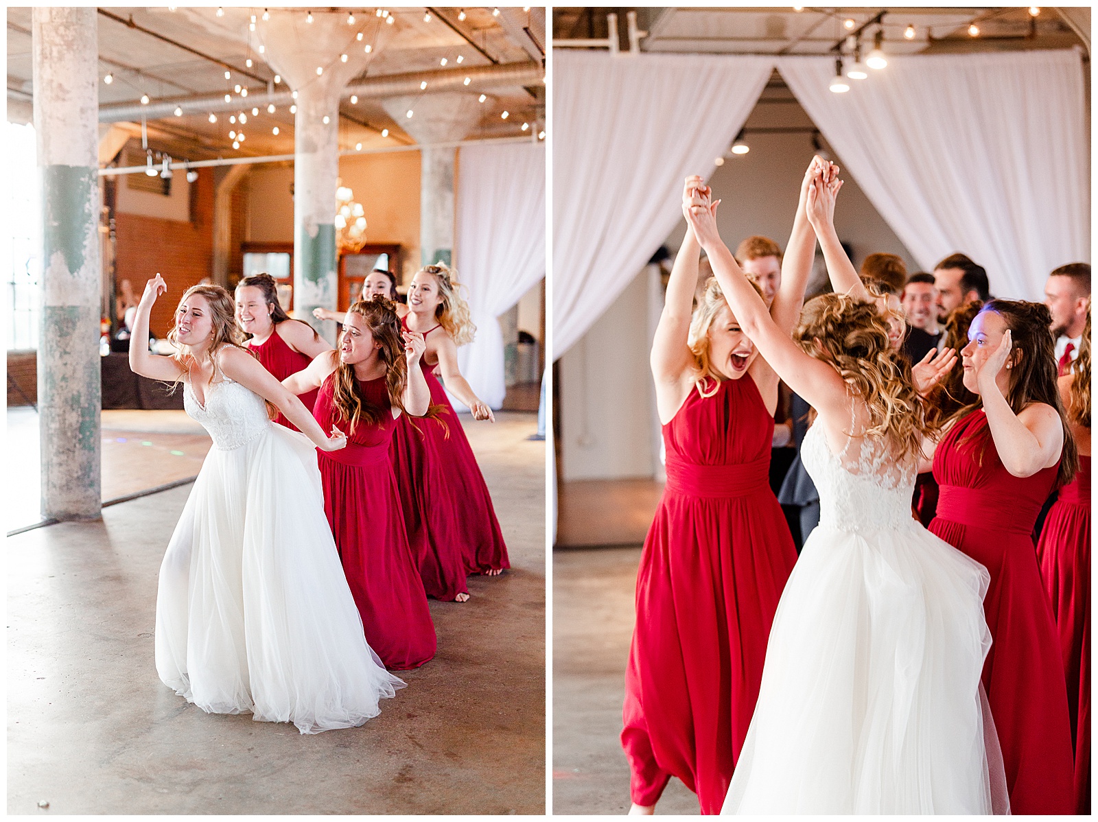 Bride Surprises Groom with Bridesmaid Dance at Rustic Airy Indoor Wedding Venue with fairy lights - Red-Themed Bridesmaid Dress Ideas from Elegant Modern Summer Wedding in Charlotte, NC | check out the full wedding at KevynDixonPhoto.com