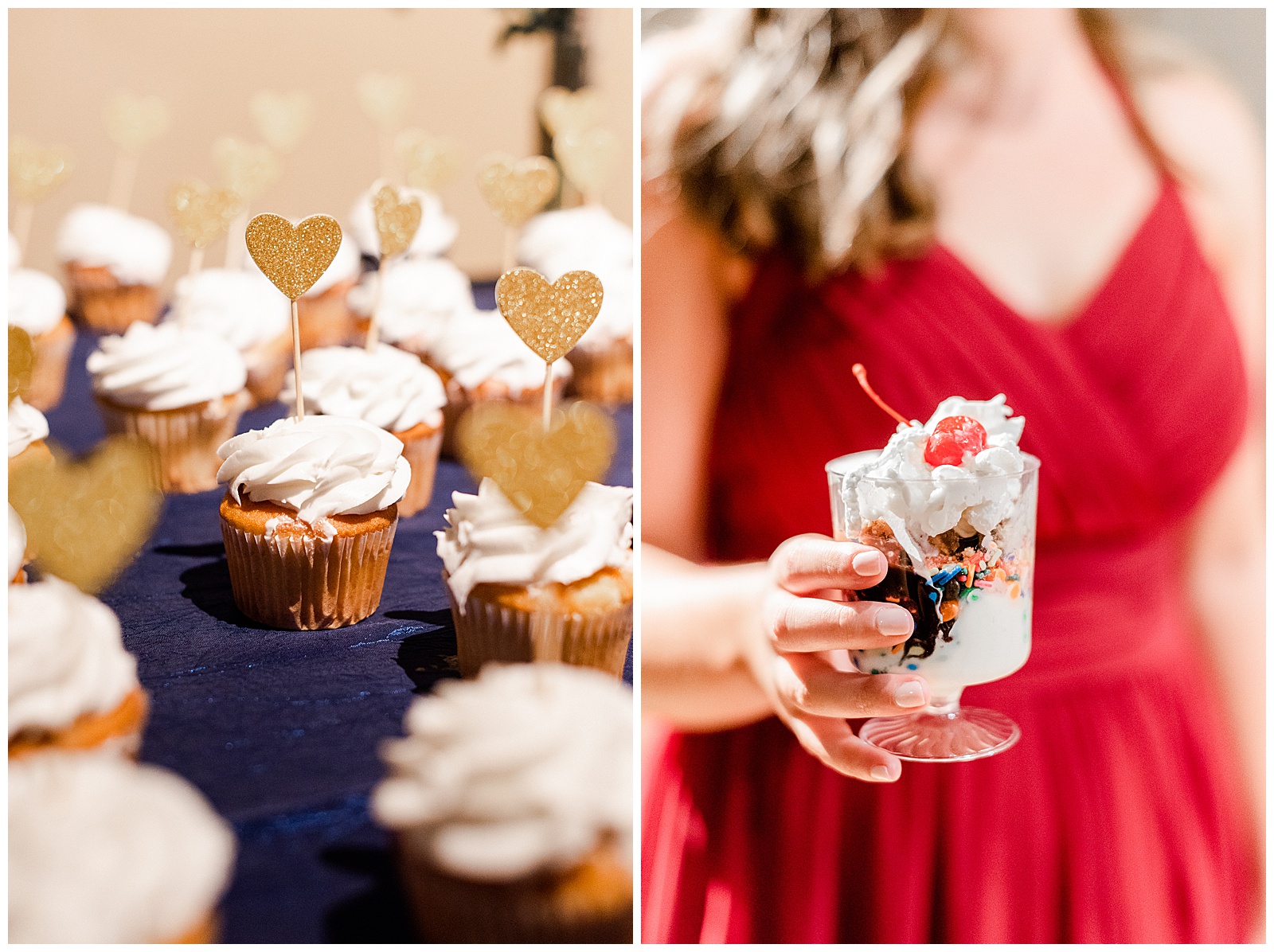 Tasty Wedding Reception cupcakes and parfait at Rustic Airy Indoor Wedding Venue with fairy lights - Red-Themed Bridesmaid Dress Ideas from Elegant Modern Summer Wedding in Charlotte, NC | check out the full wedding at KevynDixonPhoto.com