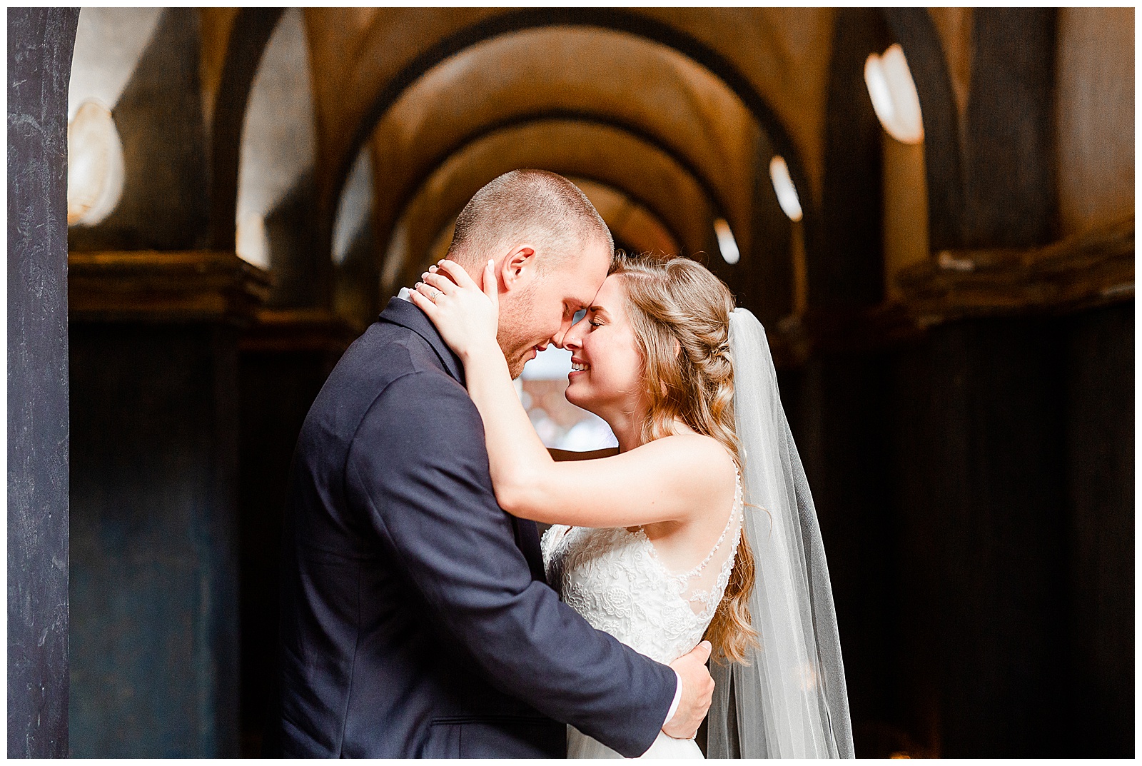 Stunning Navy Blue and Gold Bride Groom Portrait with Lace Wedding Dress from Elegant Modern Summer Wedding in Charlotte, NC | check out the full wedding at KevynDixonPhoto.com