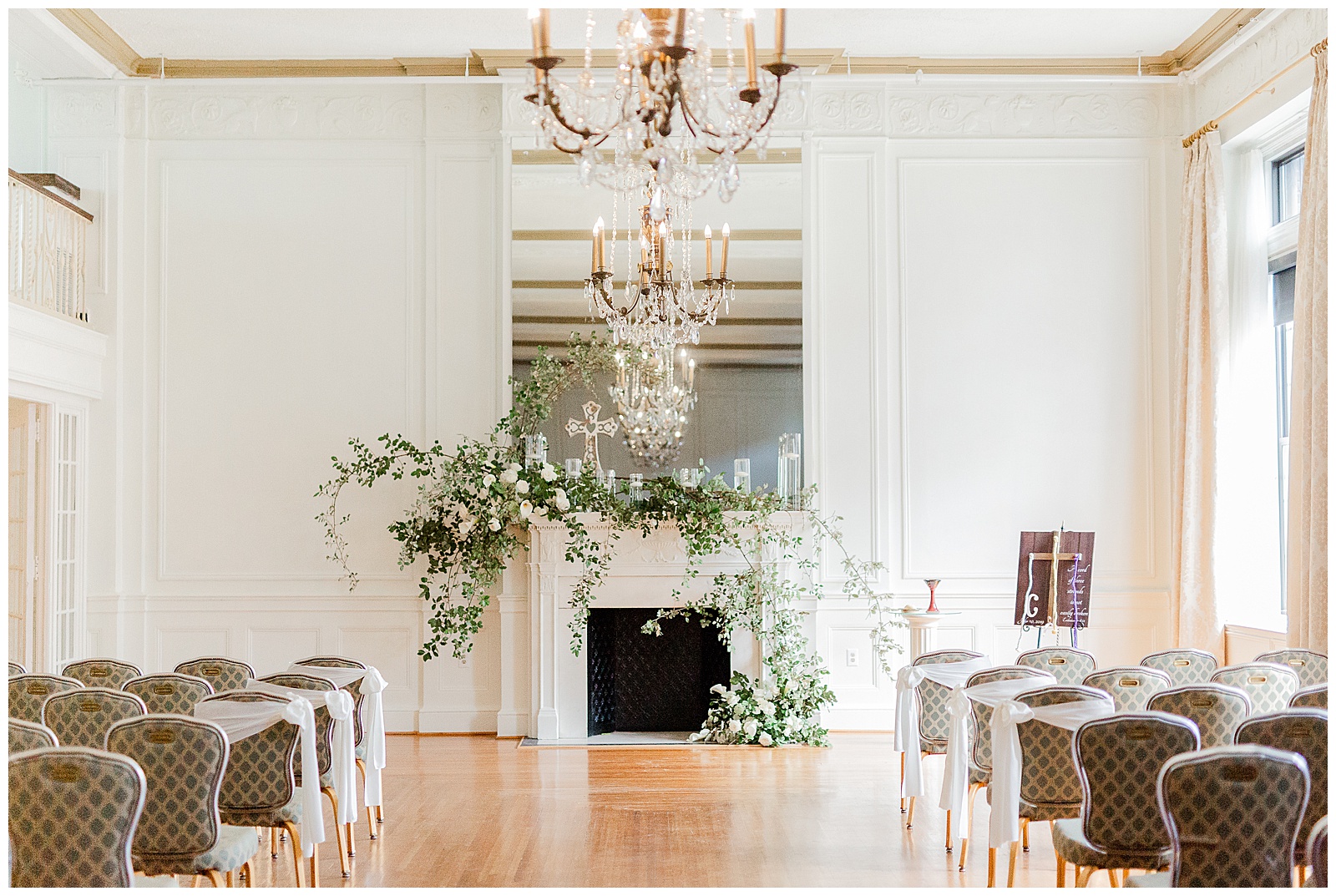 Elegant floral indoor venue in 1940s Modern Vintage Wedding in Charlotte, NC | check out the full wedding at KevynDixonPhoto.com